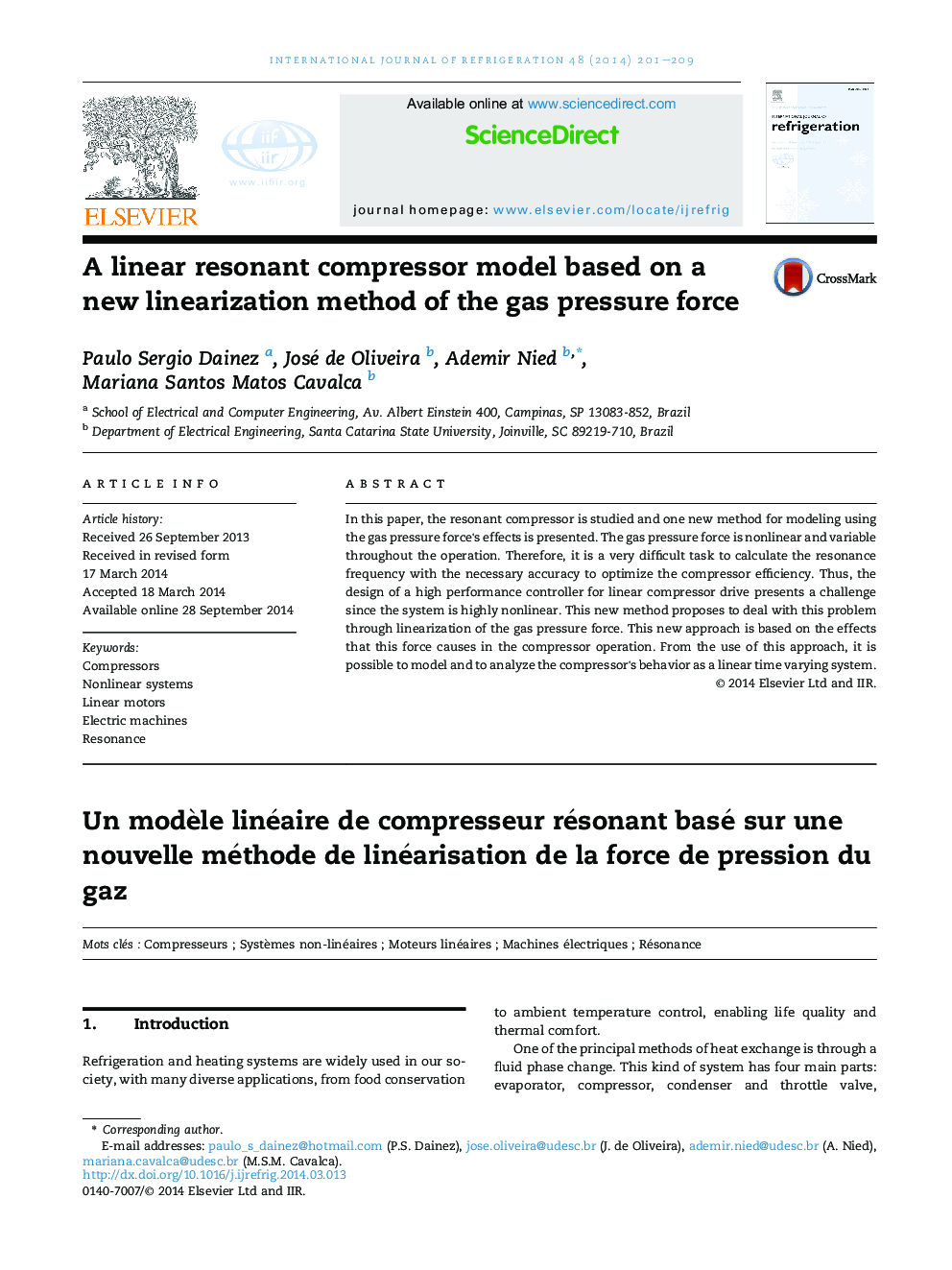 A linear resonant compressor model based on a new linearization method of the gas pressure force