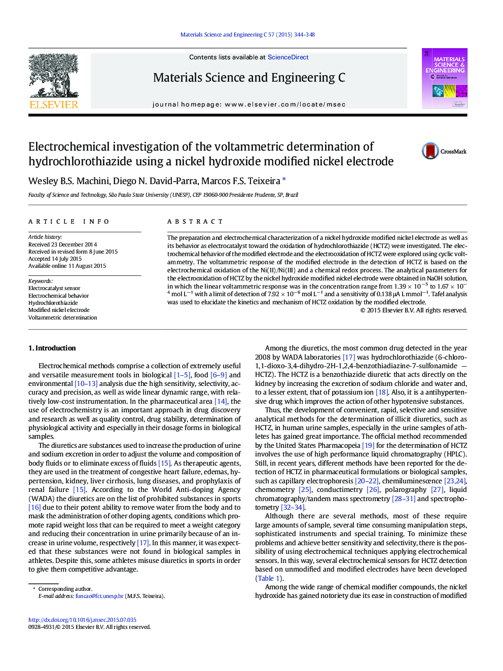 Electrochemical investigation of the voltammetric determination of hydrochlorothiazide using a nickel hydroxide modified nickel electrode