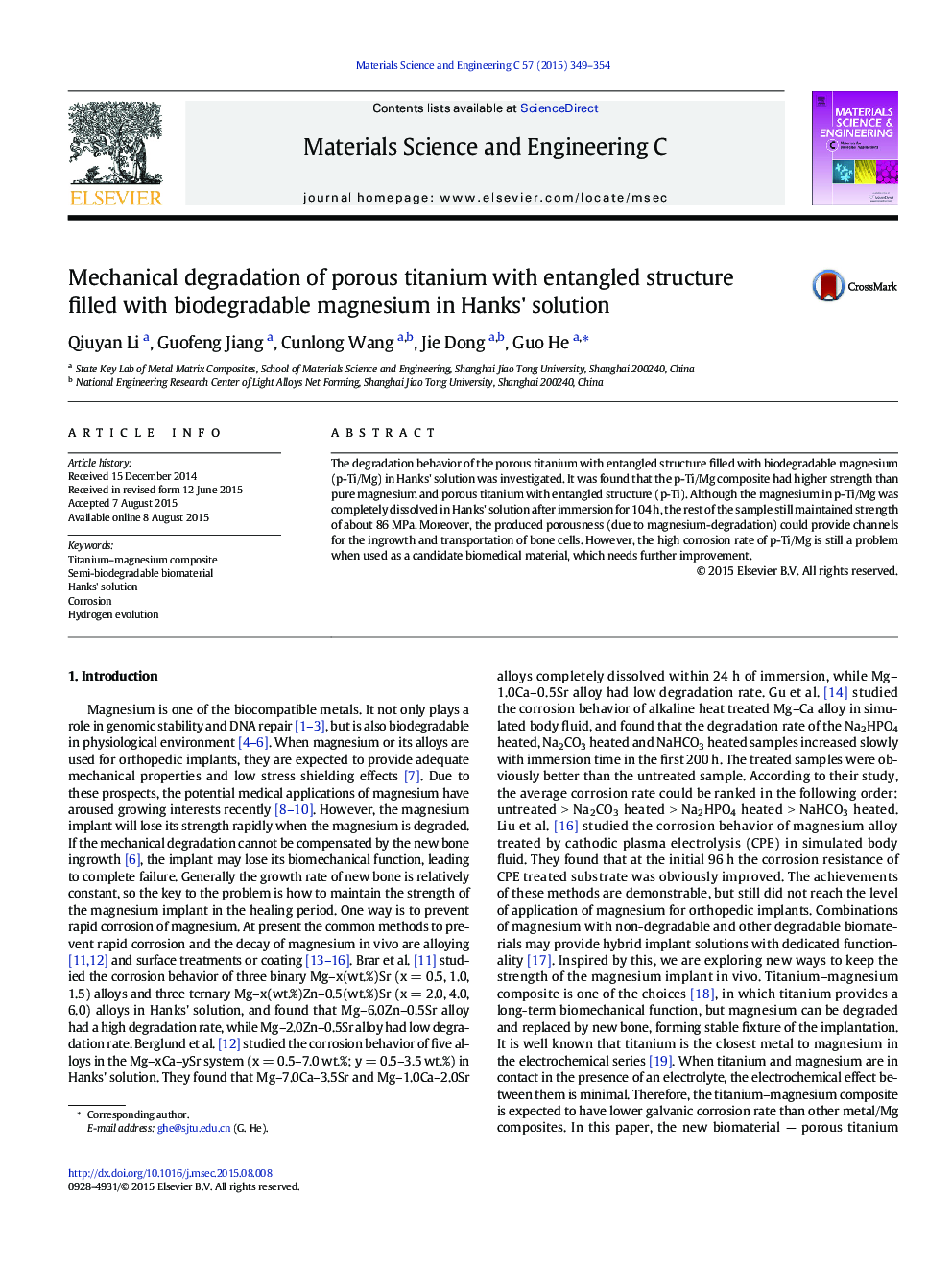 Mechanical degradation of porous titanium with entangled structure filled with biodegradable magnesium in Hanks' solution