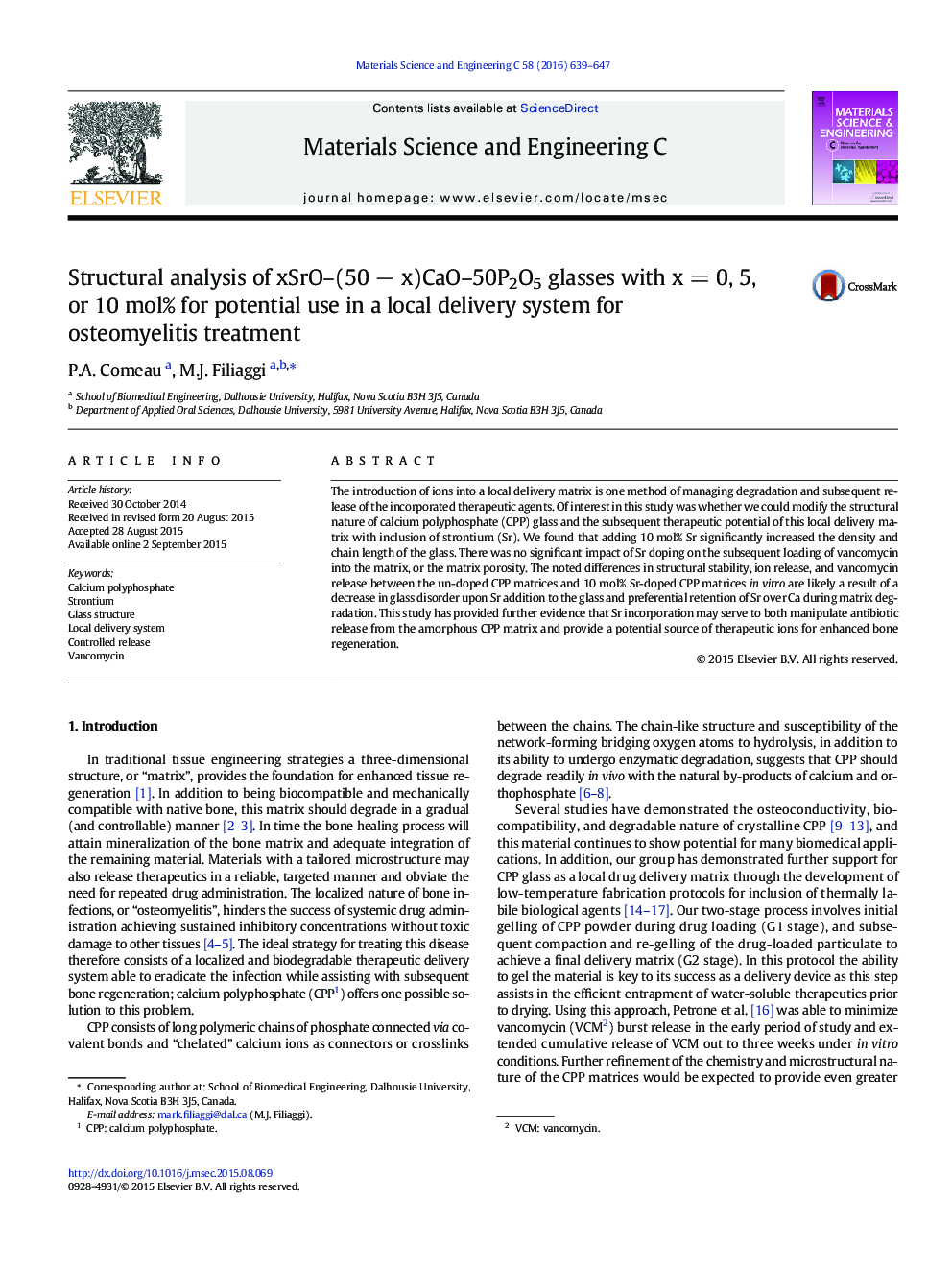 Structural analysis of xSrO-(50Â âÂ x)CaO-50P2O5 glasses with xÂ =Â 0, 5, or 10Â mol% for potential use in a local delivery system for osteomyelitis treatment