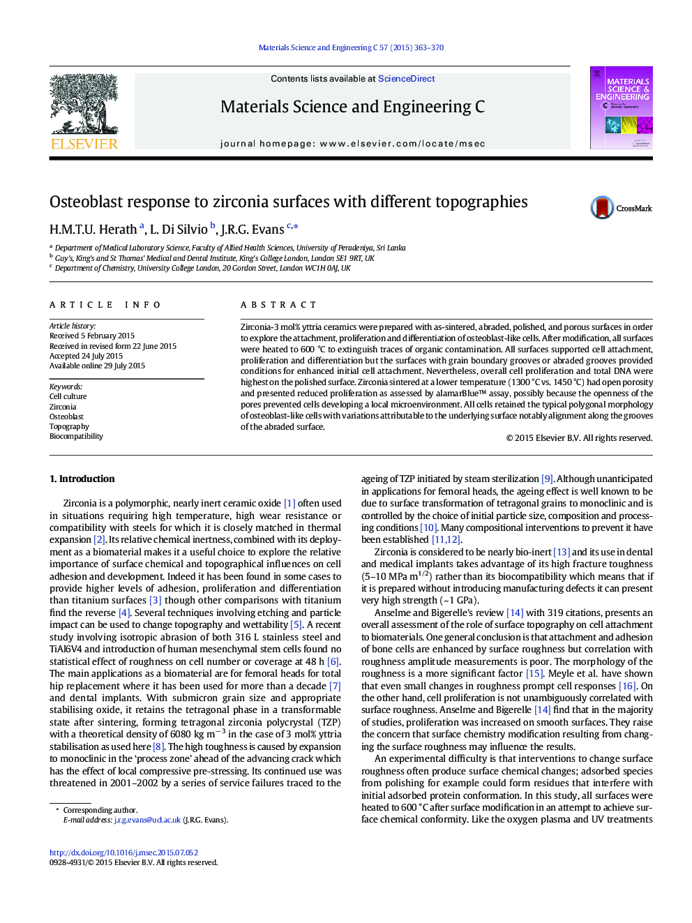 Osteoblast response to zirconia surfaces with different topographies