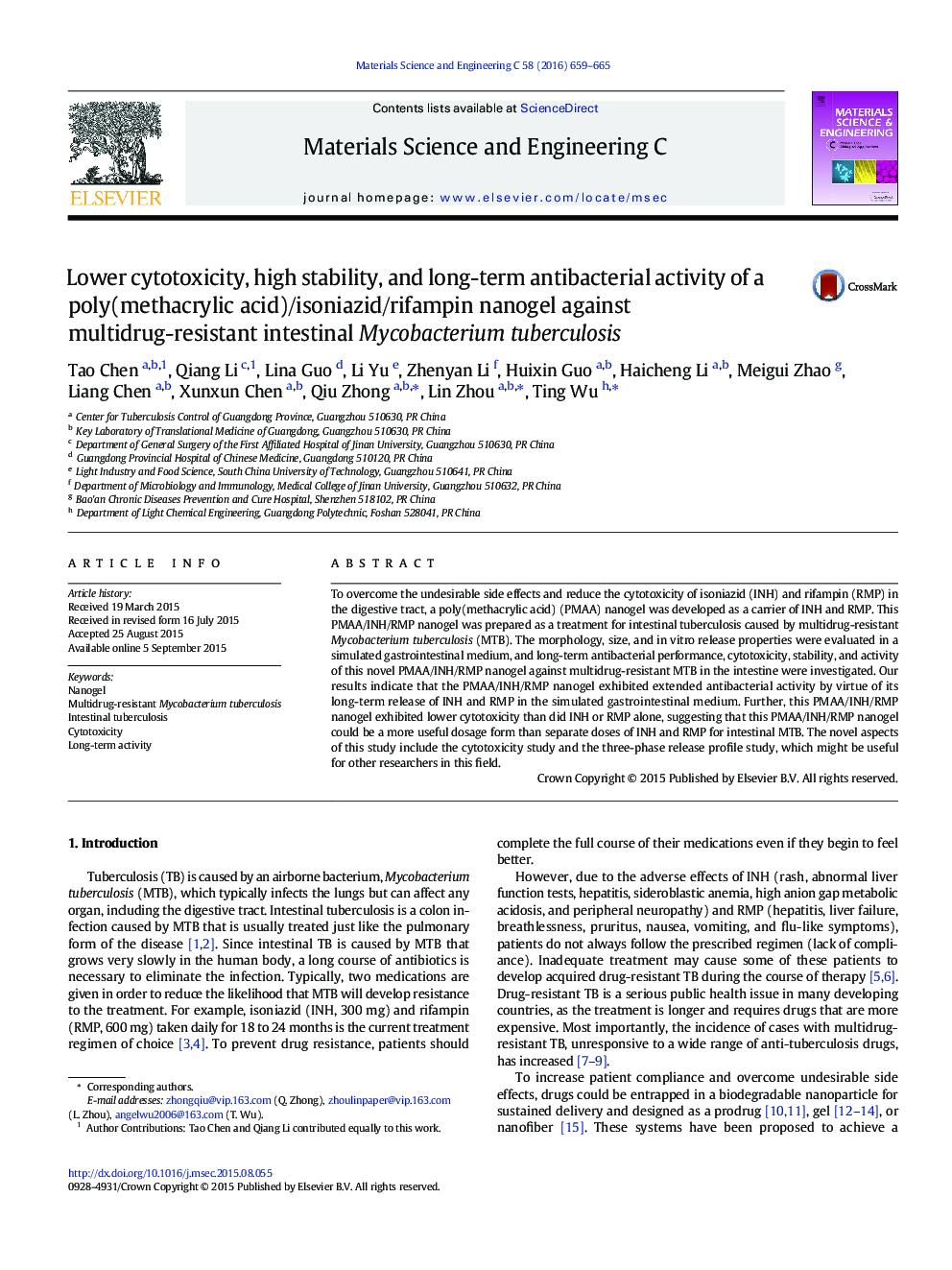 Lower cytotoxicity, high stability, and long-term antibacterial activity of a poly(methacrylic acid)/isoniazid/rifampin nanogel against multidrug-resistant intestinal Mycobacterium tuberculosis