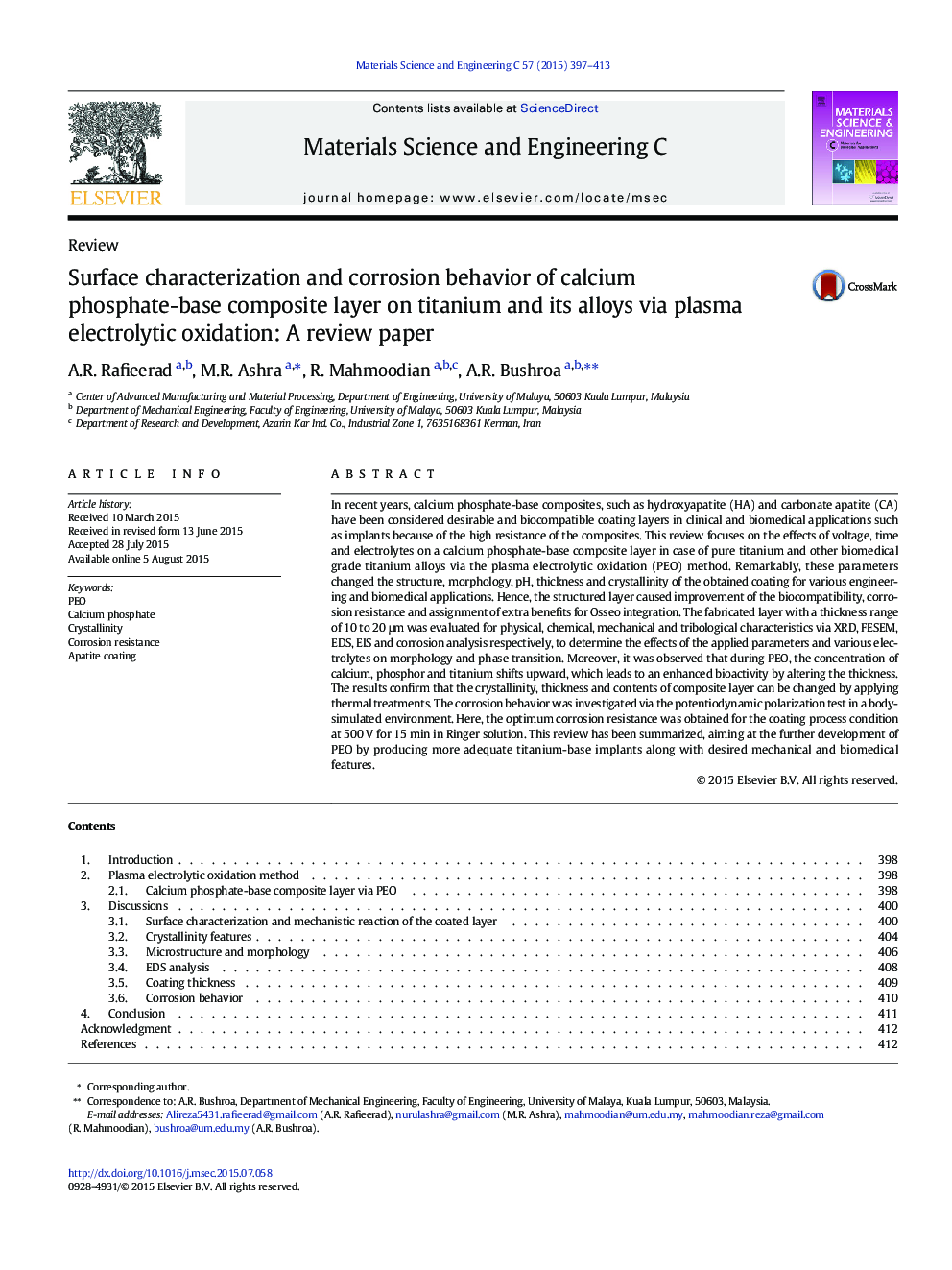 Surface characterization and corrosion behavior of calcium phosphate-base composite layer on titanium and its alloys via plasma electrolytic oxidation: A review paper