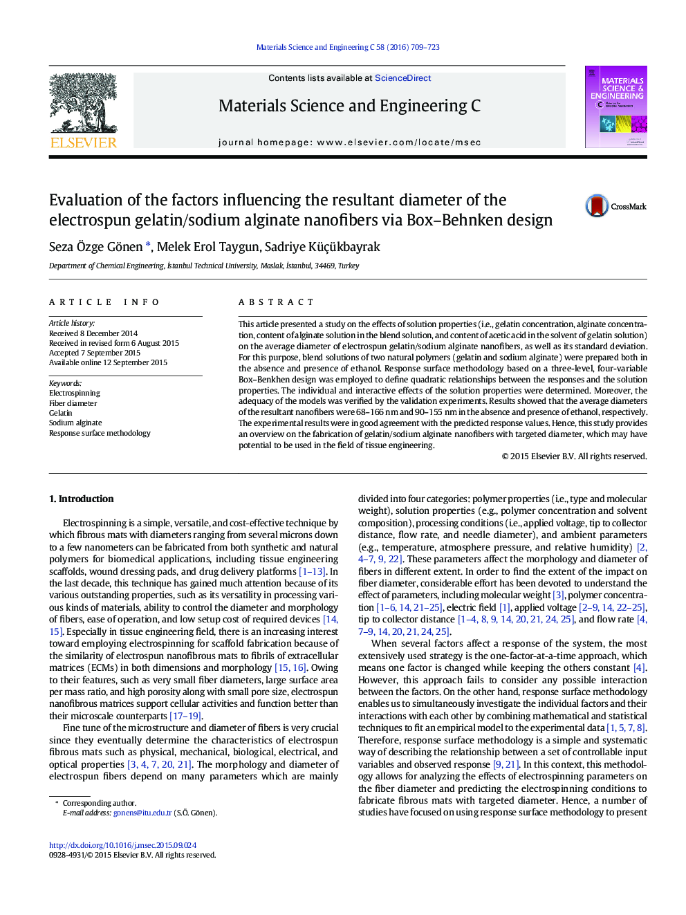 Evaluation of the factors influencing the resultant diameter of the electrospun gelatin/sodium alginate nanofibers via Box-Behnken design