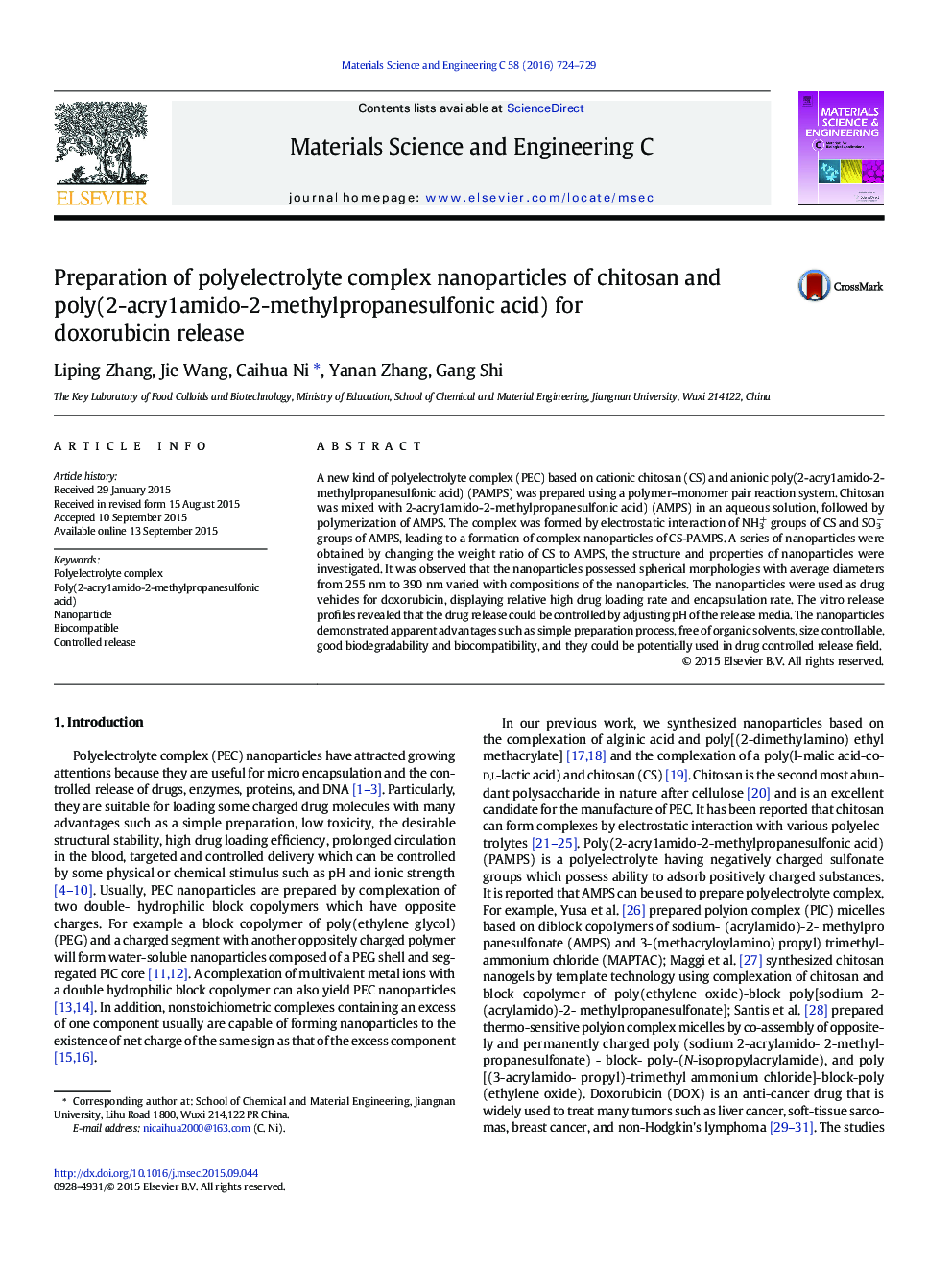 Preparation of polyelectrolyte complex nanoparticles of chitosan and poly(2-acry1amido-2-methylpropanesulfonic acid) for doxorubicin release