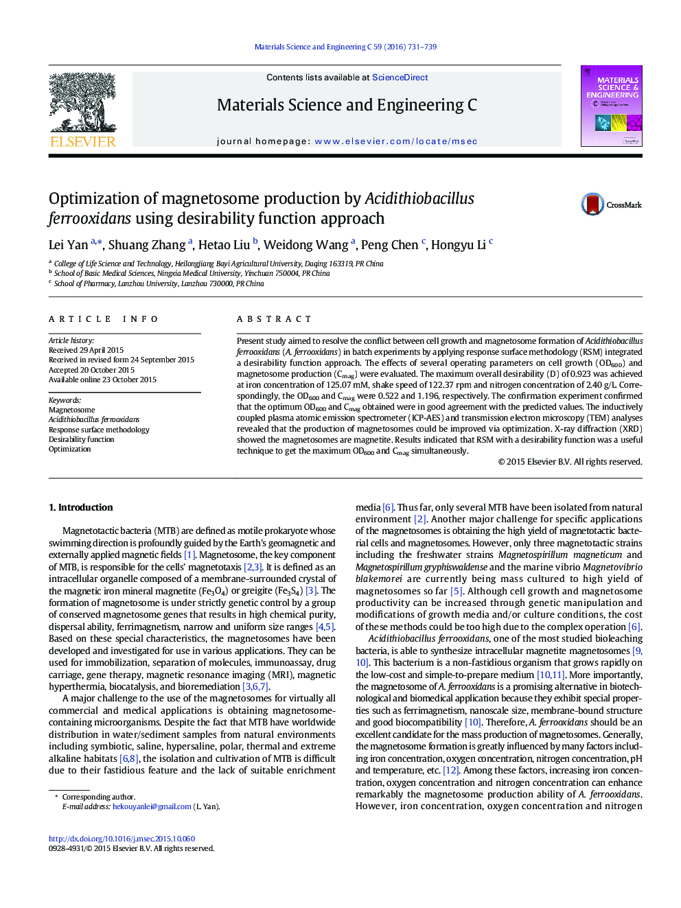 عکس صفحه اول مقاله: Optimization of magnetosome production by Acidithiobacillus ferrooxidans using desirability function approach Optimization of magnetosome production by Acidithiobacillus ferrooxidans using desirability function approach