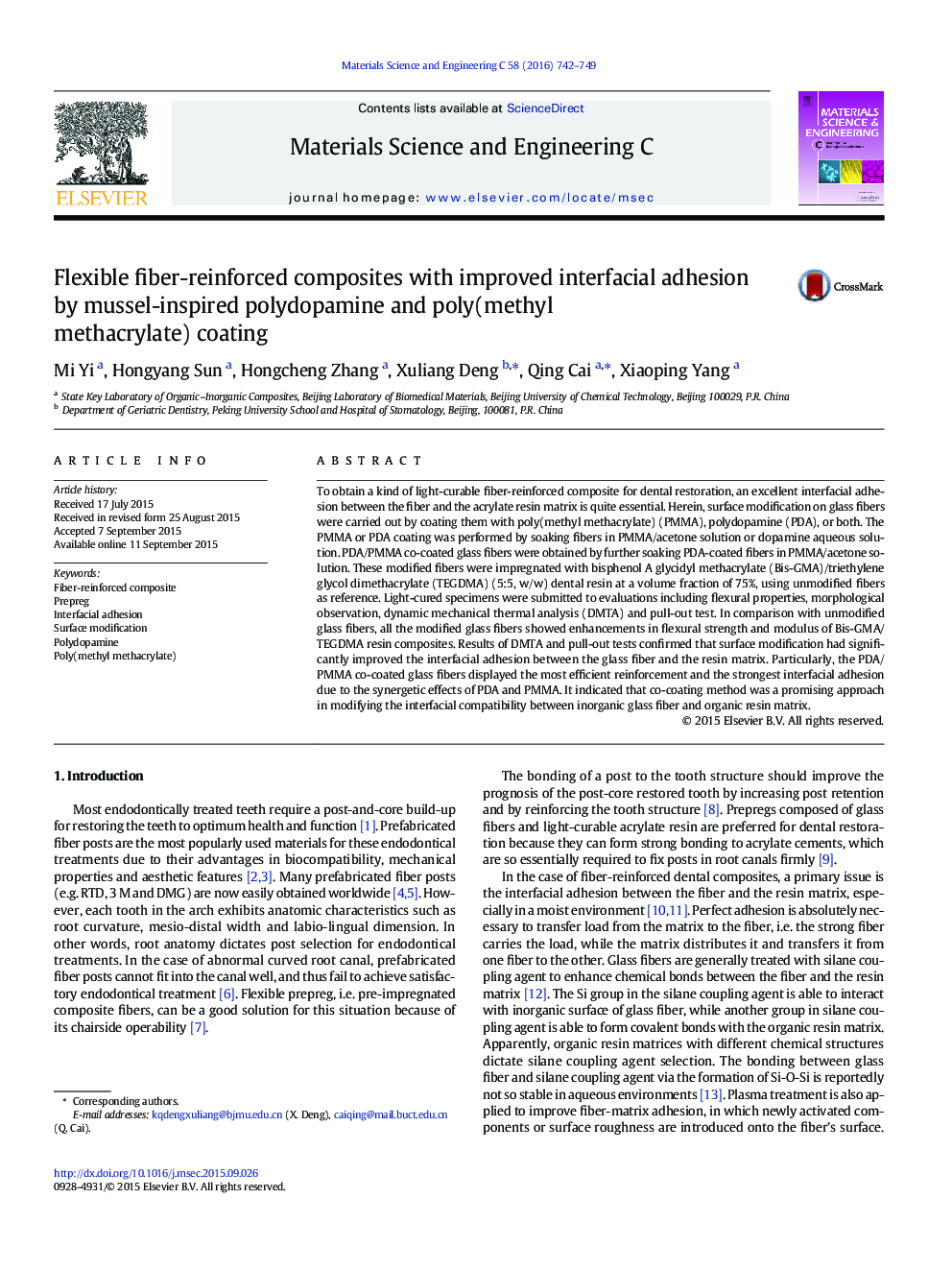 Flexible Fiber Reinforced Composites With Improved Interfacial Adhesion By Mussel Inspired Polydopamine And Poly Methyl Methacry