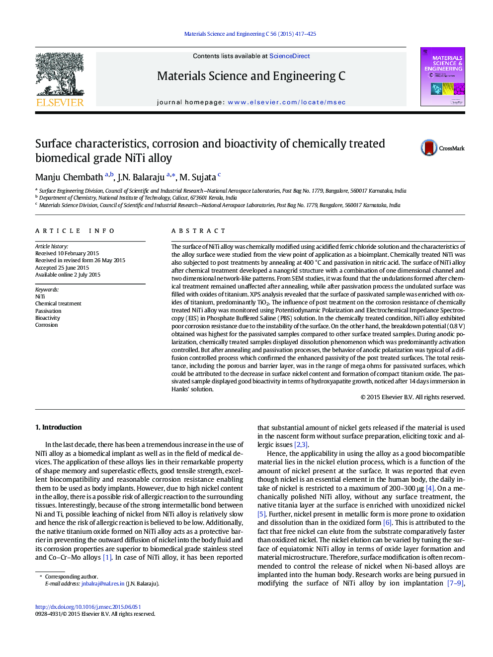 Surface characteristics, corrosion and bioactivity of chemically treated biomedical grade NiTi alloy