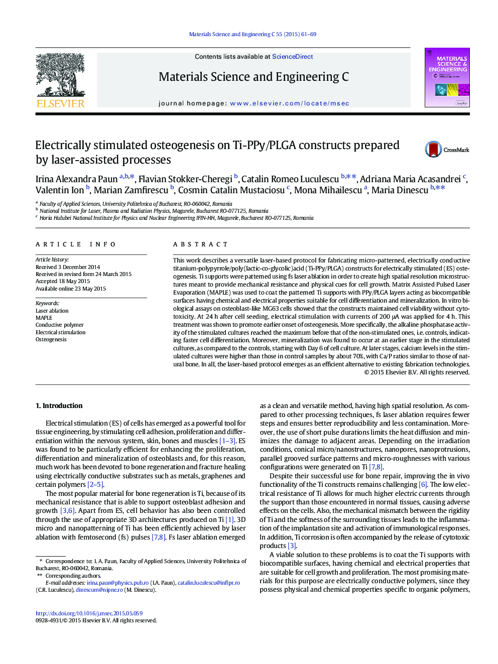 Electrically stimulated osteogenesis on Ti-PPy/PLGA constructs prepared by laser-assisted processes