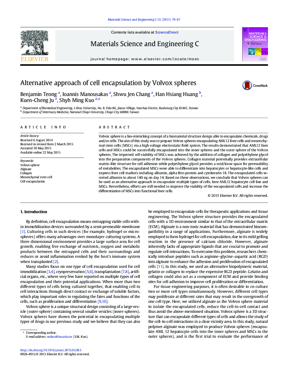 Alternative approach of cell encapsulation by Volvox spheres