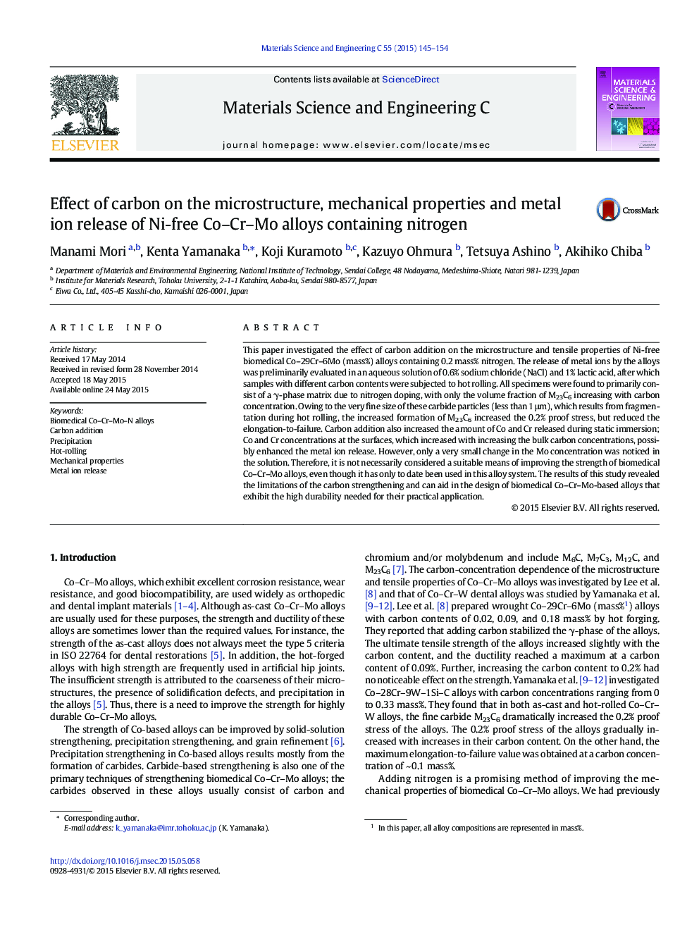 Effect of carbon on the microstructure, mechanical properties and metal ion release of Ni-free Co-Cr-Mo alloys containing nitrogen