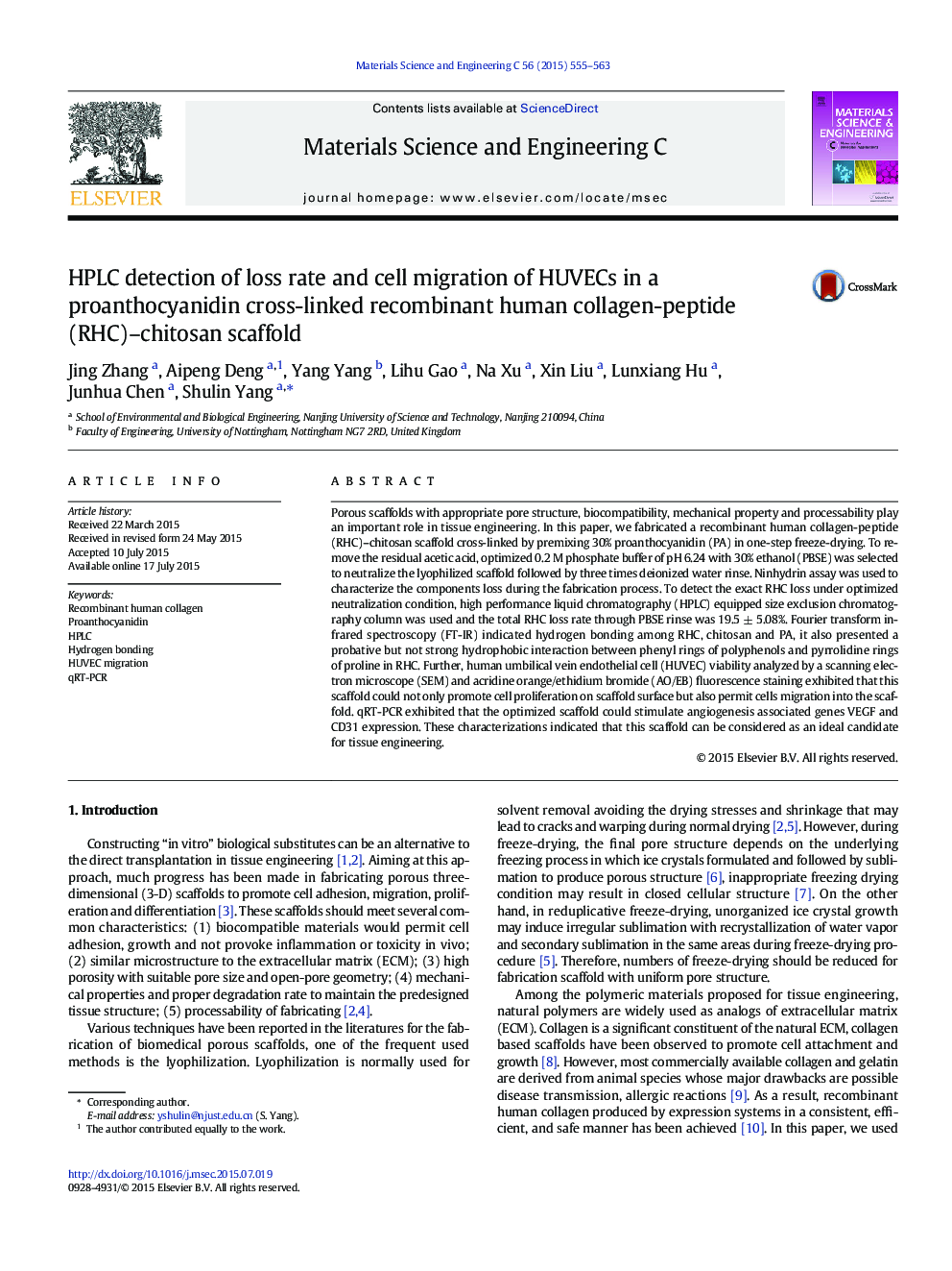 HPLC detection of loss rate and cell migration of HUVECs in a proanthocyanidin cross-linked recombinant human collagen-peptide (RHC)-chitosan scaffold