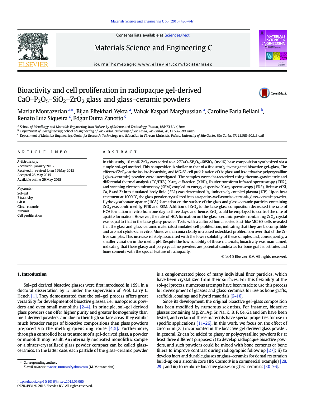 Bioactivity and cell proliferation in radiopaque gel-derived CaO-P2O5-SiO2-ZrO2 glass and glass-ceramic powders