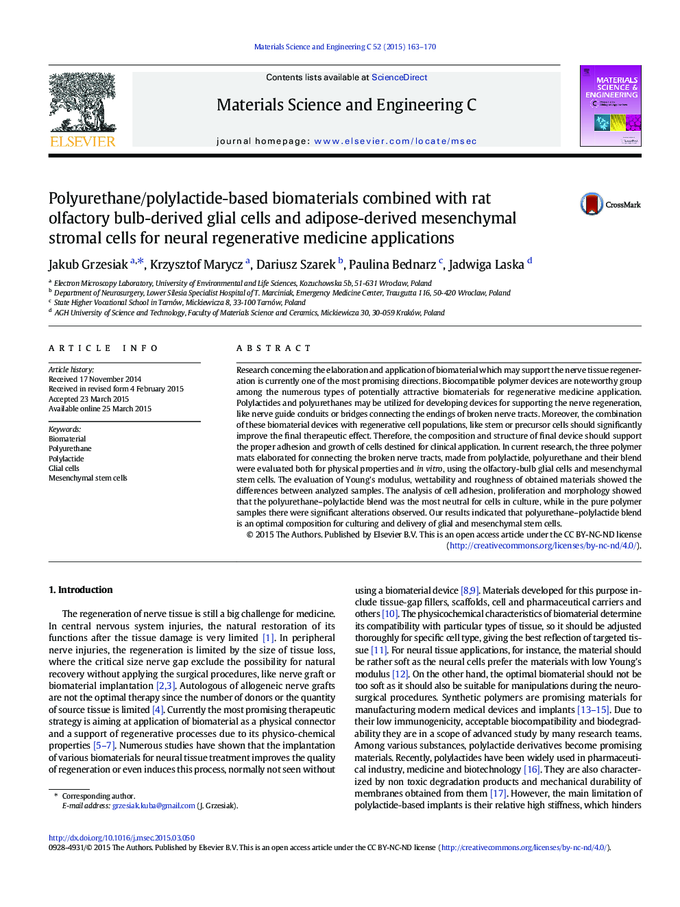 Polyurethane/polylactide-based biomaterials combined with rat olfactory bulb-derived glial cells and adipose-derived mesenchymal stromal cells for neural regenerative medicine applications