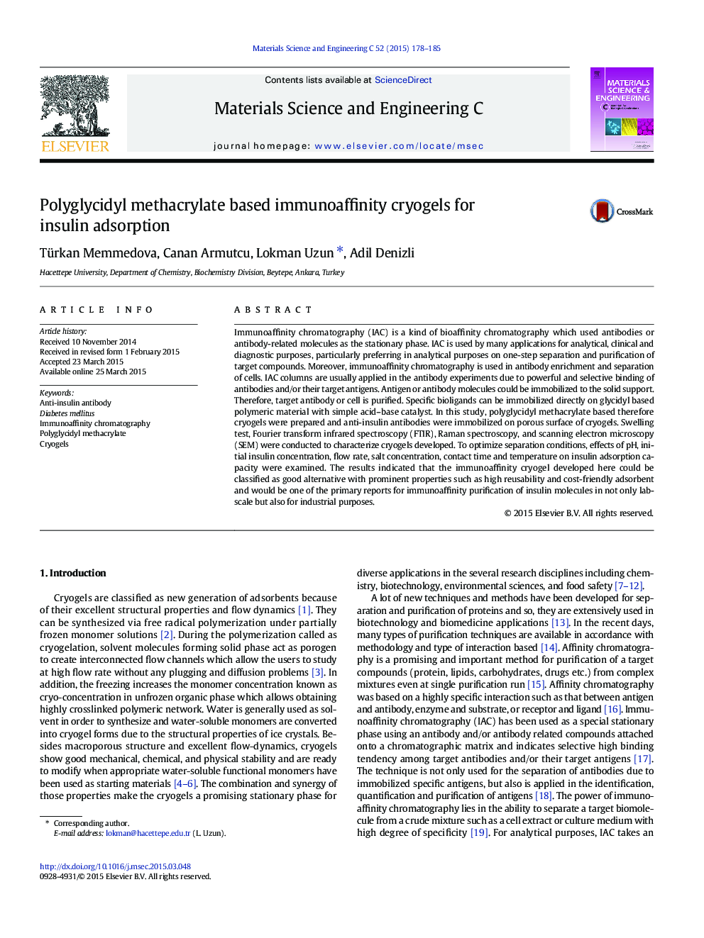 Polyglycidyl methacrylate based immunoaffinity cryogels for insulin adsorption