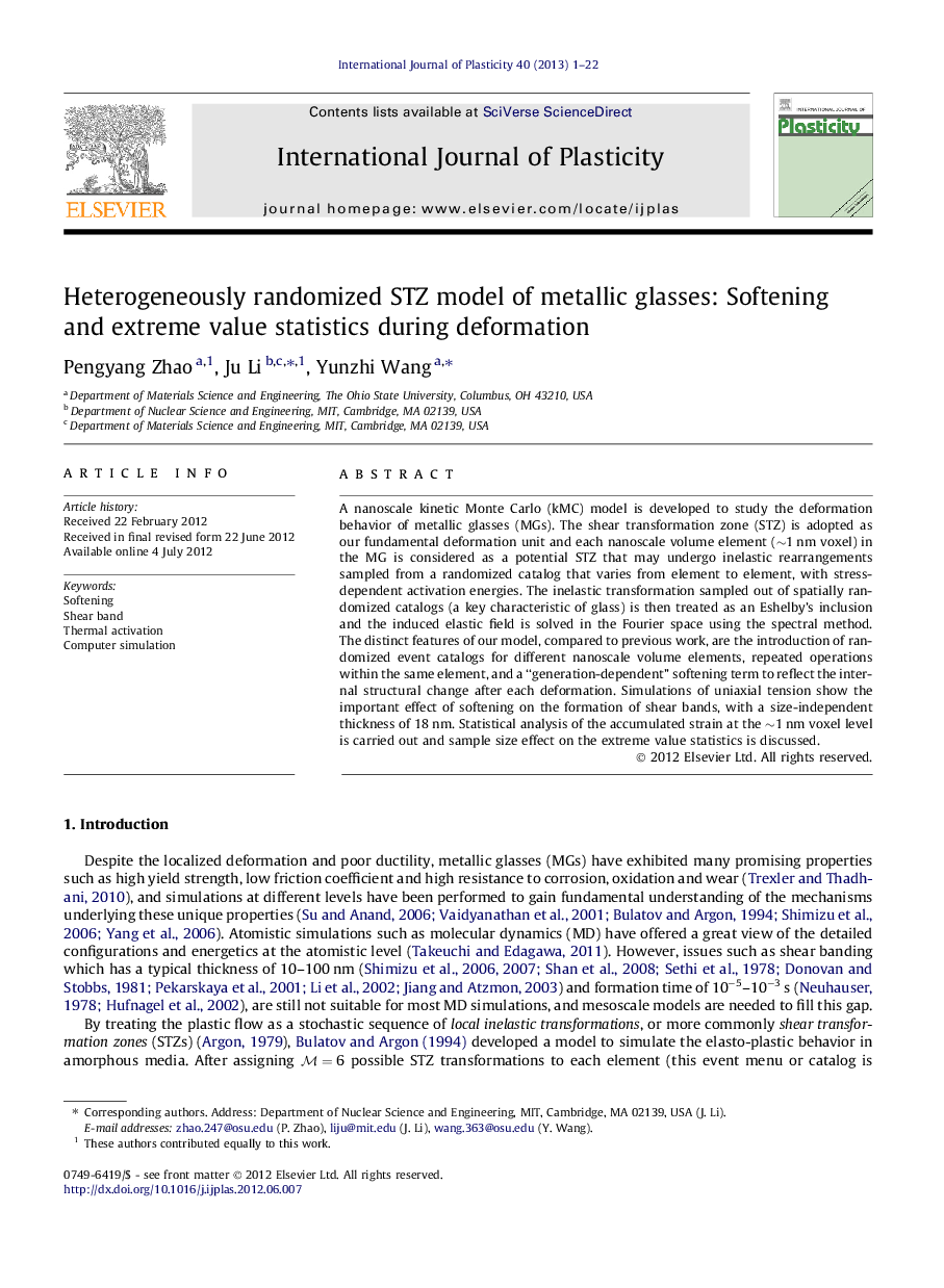 Heterogeneously randomized STZ model of metallic glasses: Softening and extreme value statistics during deformation