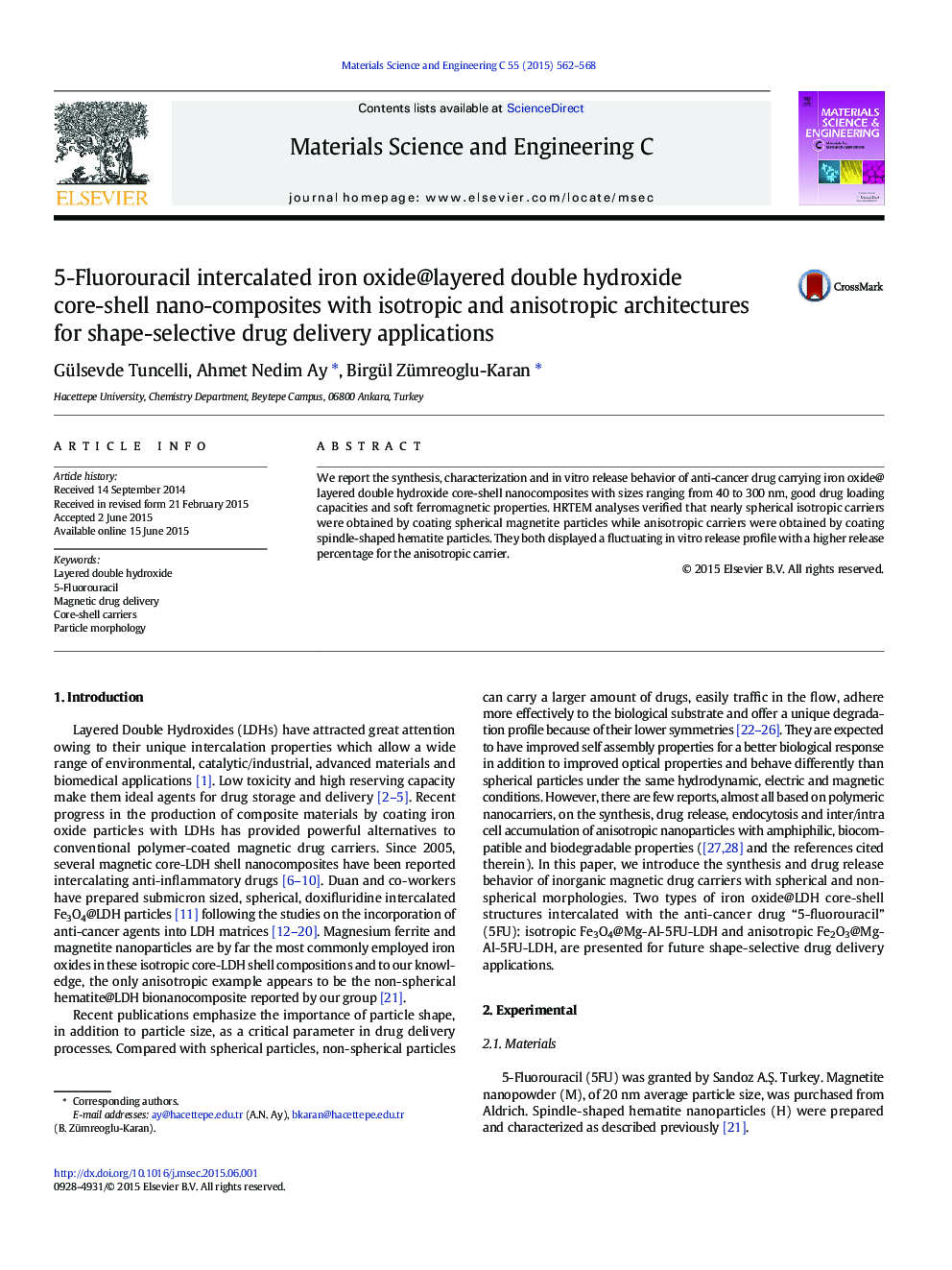 5-Fluorouracil intercalated iron oxide@layered double hydroxide core-shell nano-composites with isotropic and anisotropic architectures for shape-selective drug delivery applications