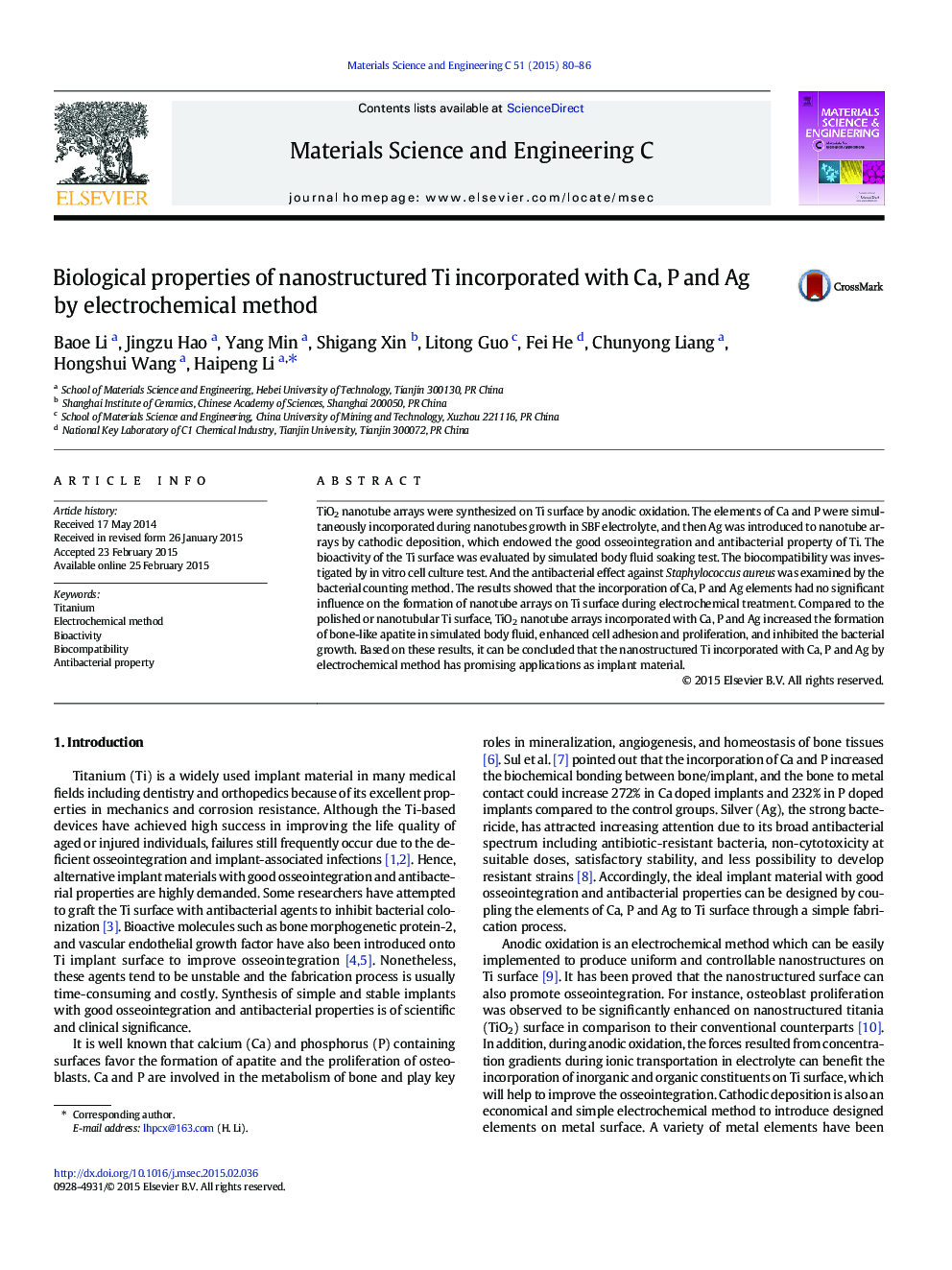 Biological properties of nanostructured Ti incorporated with Ca, P and Ag by electrochemical method