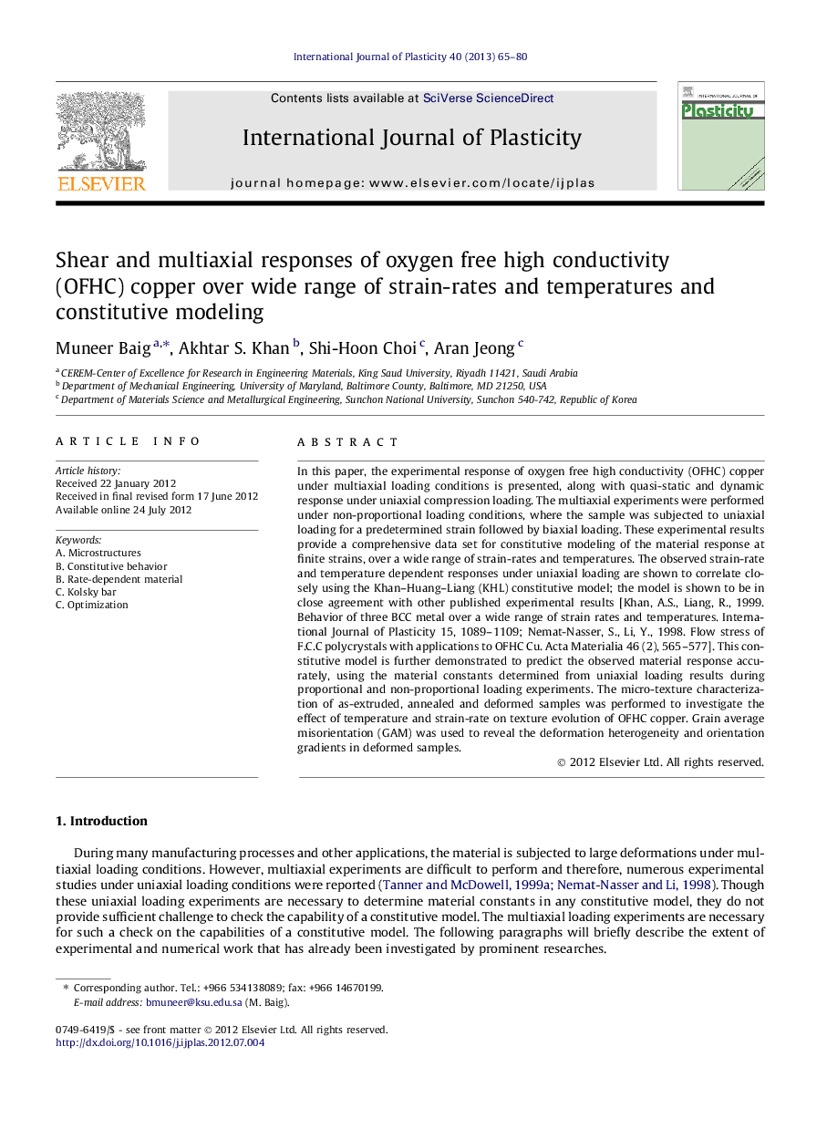 Shear and multiaxial responses of oxygen free high conductivity (OFHC) copper over wide range of strain-rates and temperatures and constitutive modeling