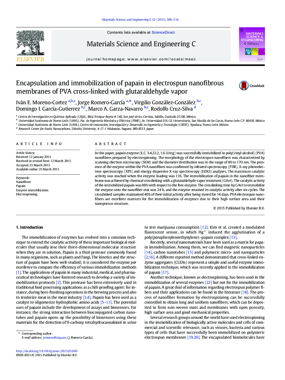 Encapsulation and immobilization of papain in electrospun nanofibrous membranes of PVA cross-linked with glutaraldehyde vapor