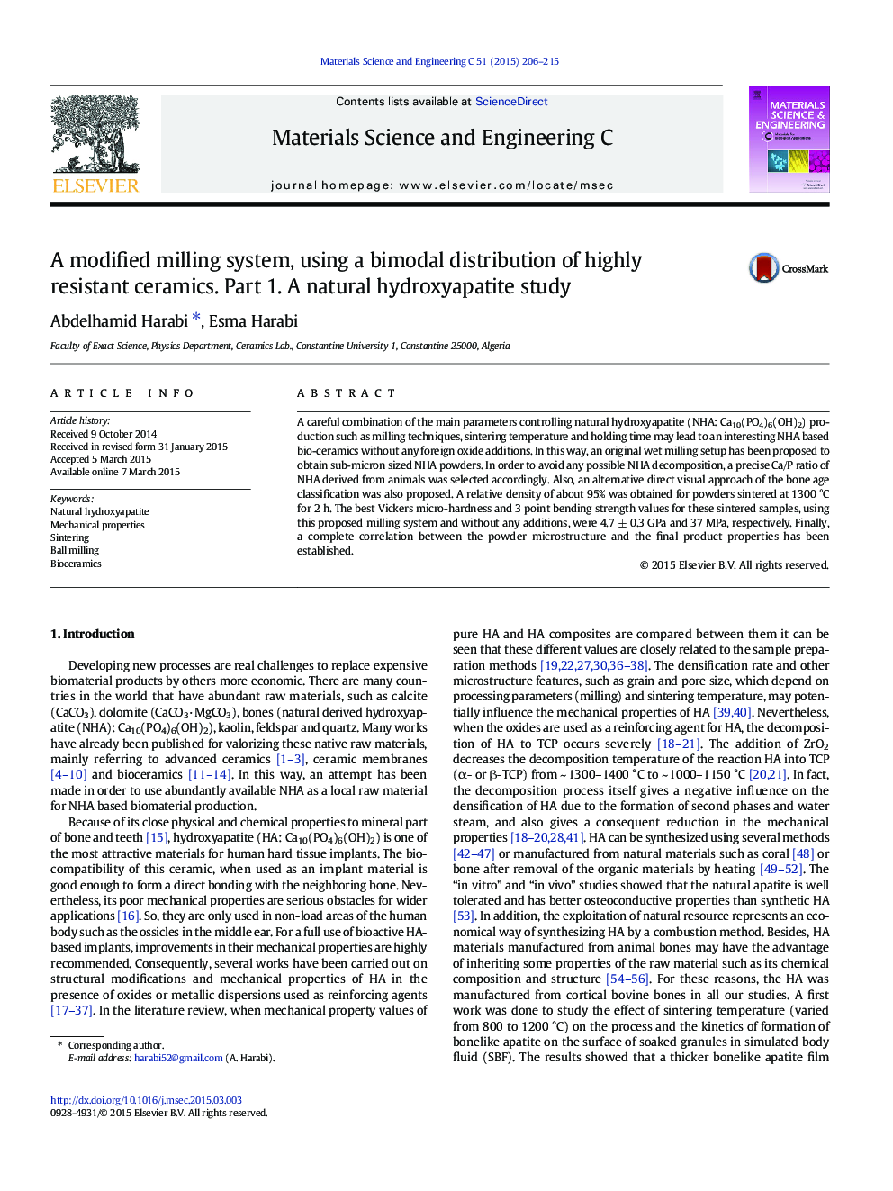 A modified milling system, using a bimodal distribution of highly resistant ceramics. Part 1. A natural hydroxyapatite study