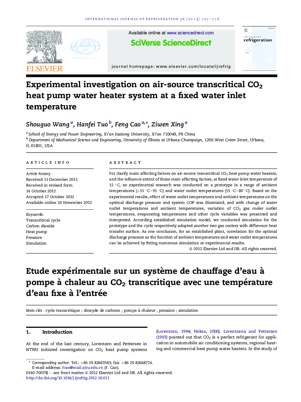 Experimental investigation on air-source transcritical CO2 heat pump water heater system at a fixed water inlet temperature