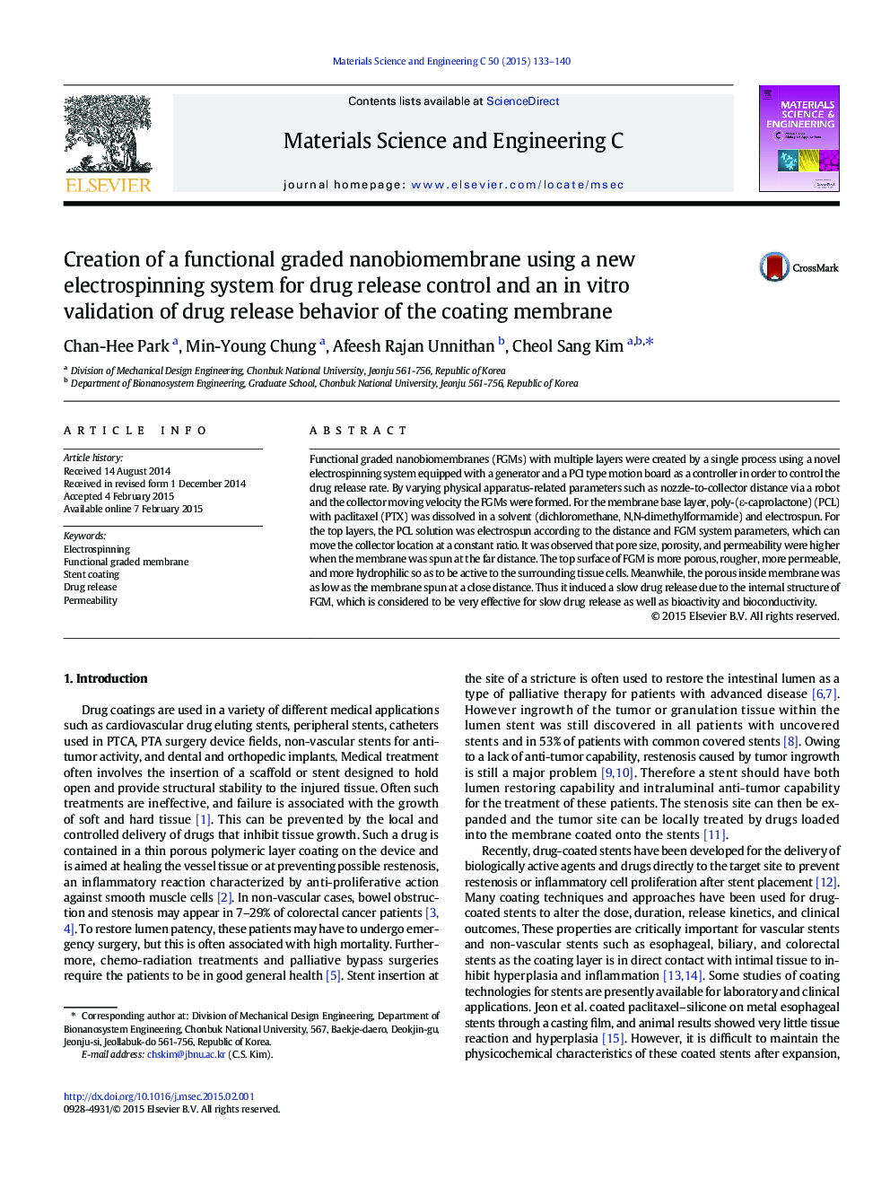 Creation of a functional graded nanobiomembrane using a new electrospinning system for drug release control and an in vitro validation of drug release behavior of the coating membrane