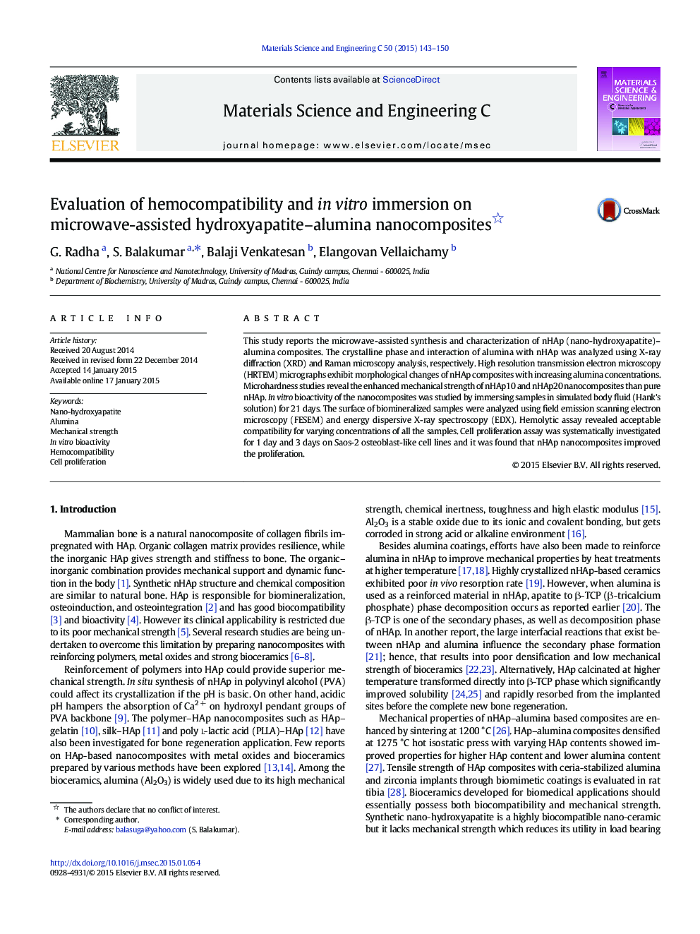 Evaluation of hemocompatibility and in vitro immersion on microwave-assisted hydroxyapatite-alumina nanocomposites