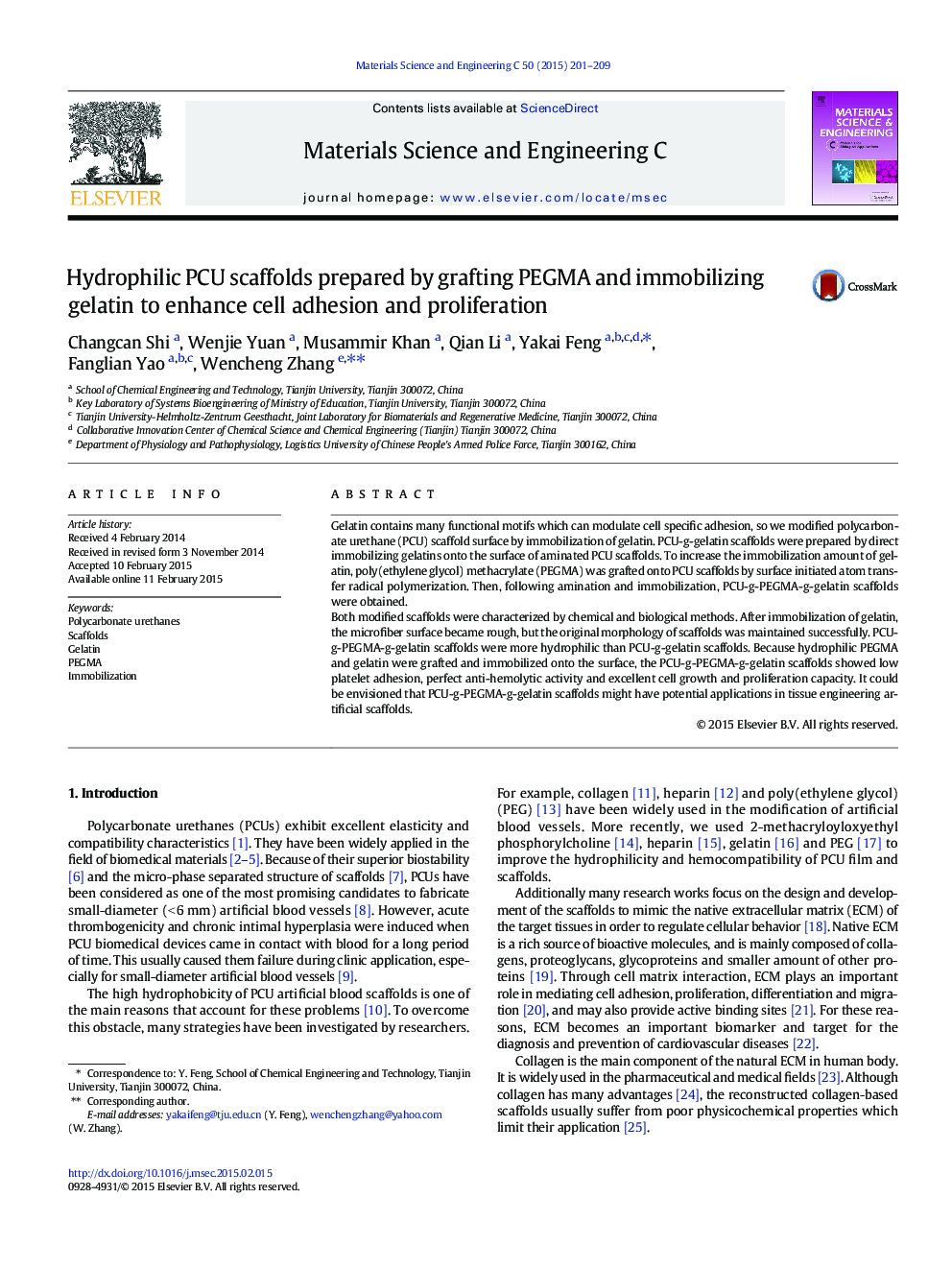 Hydrophilic PCU scaffolds prepared by grafting PEGMA and immobilizing gelatin to enhance cell adhesion and proliferation