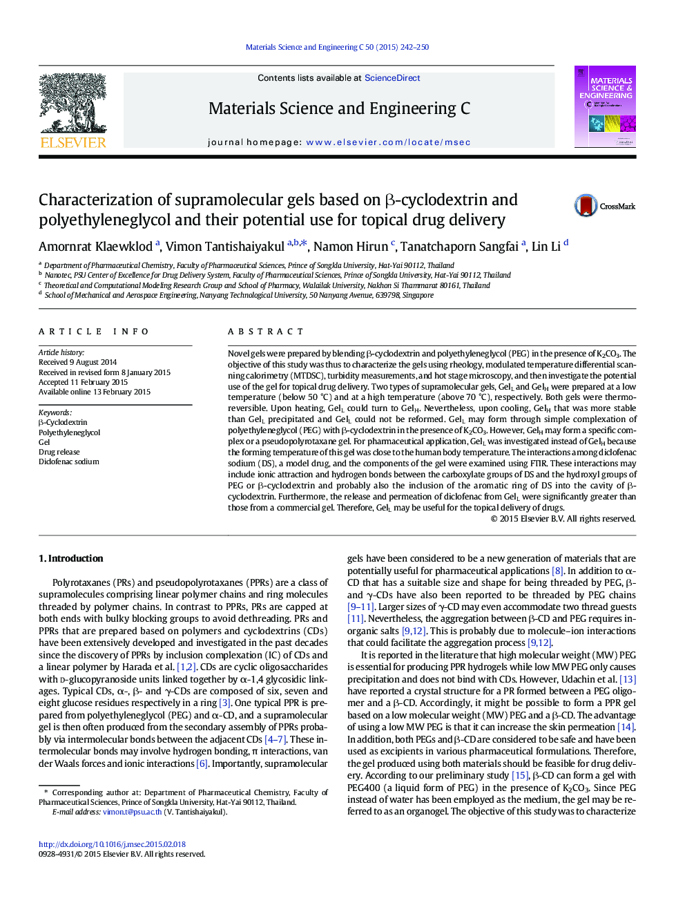 Characterization of supramolecular gels based on Î²-cyclodextrin and polyethyleneglycol and their potential use for topical drug delivery