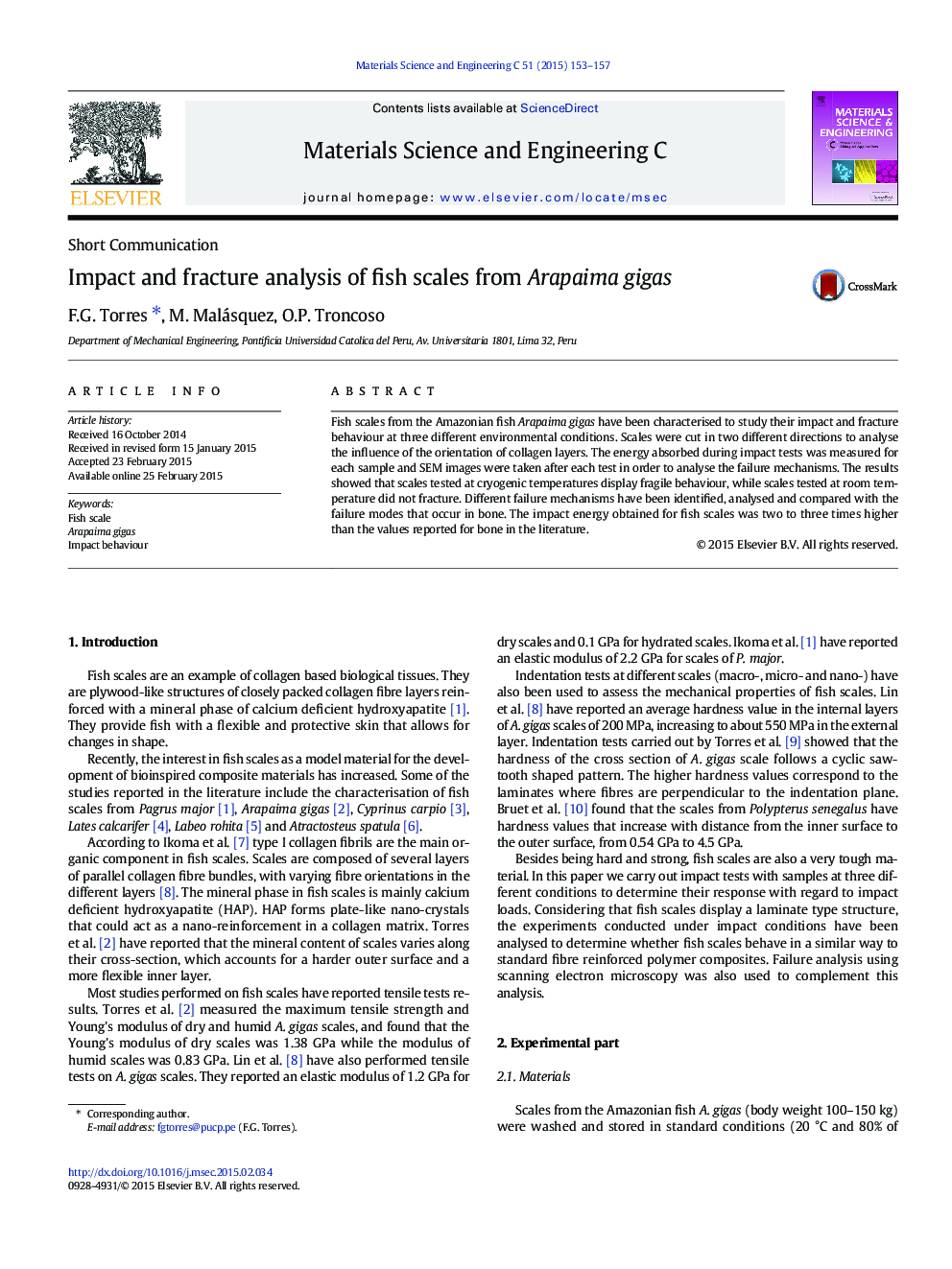 Impact and fracture analysis of fish scales from Arapaima gigas