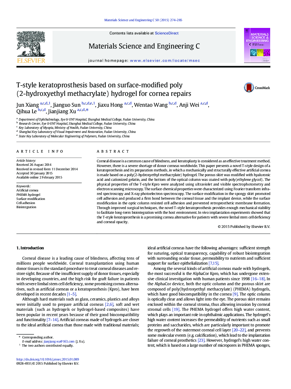 T-style keratoprosthesis based on surface-modified poly (2-hydroxyethyl methacrylate) hydrogel for cornea repairs