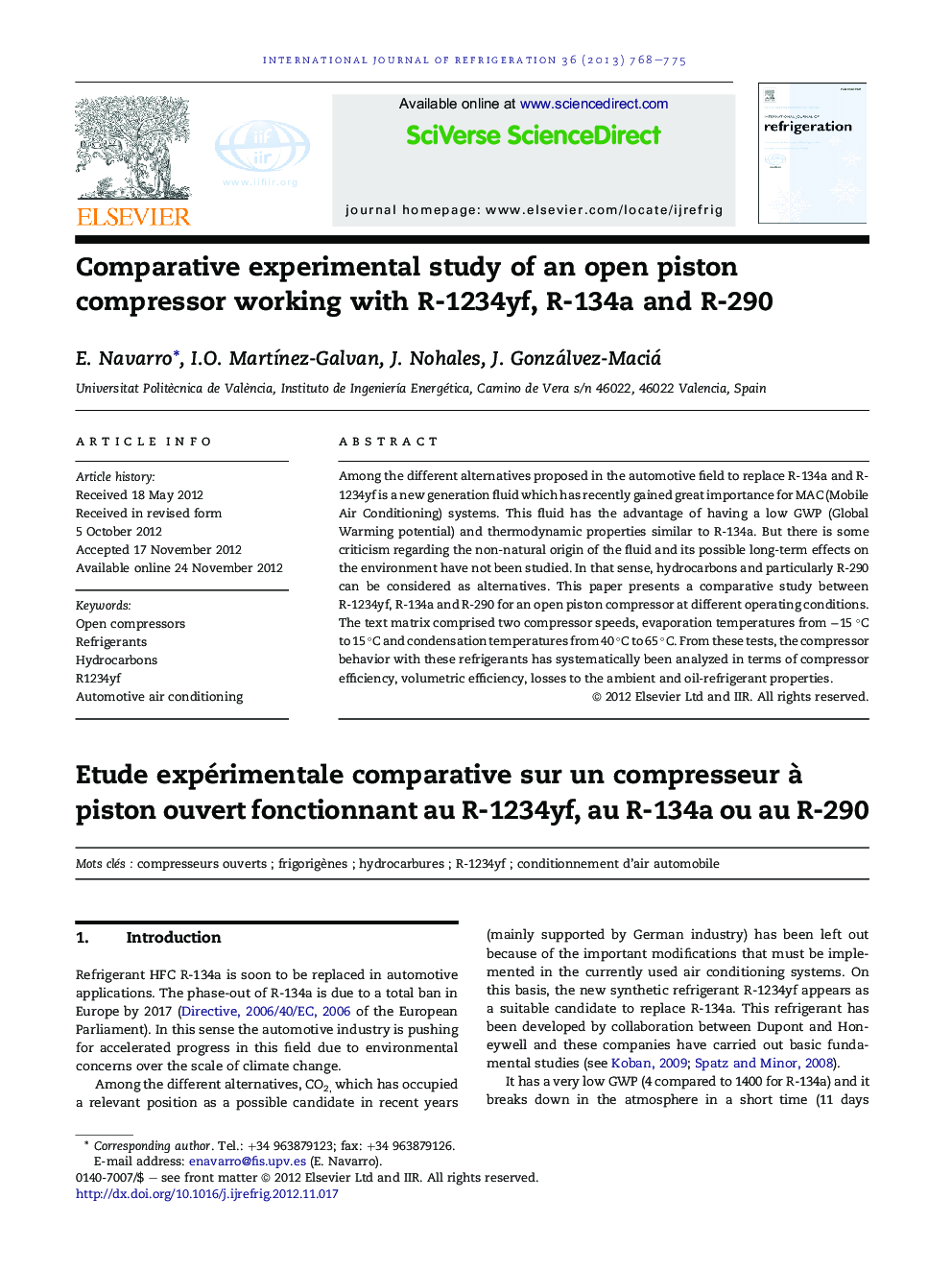 Comparative experimental study of an open piston compressor working with R-1234yf, R-134a and R-290