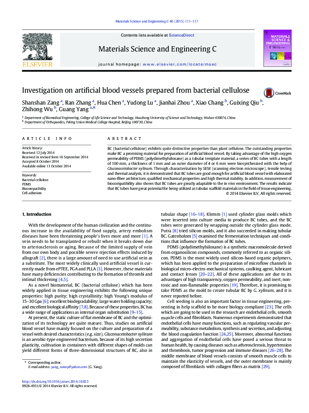 Investigation on artificial blood vessels prepared from bacterial cellulose