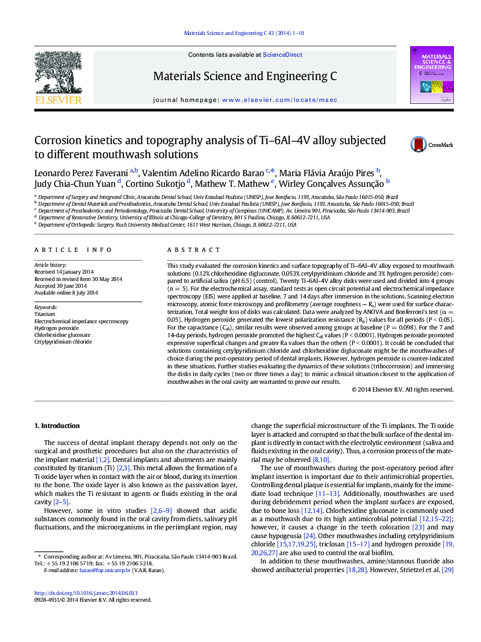 Corrosion kinetics and topography analysis of Ti-6Al-4V alloy subjected to different mouthwash solutions