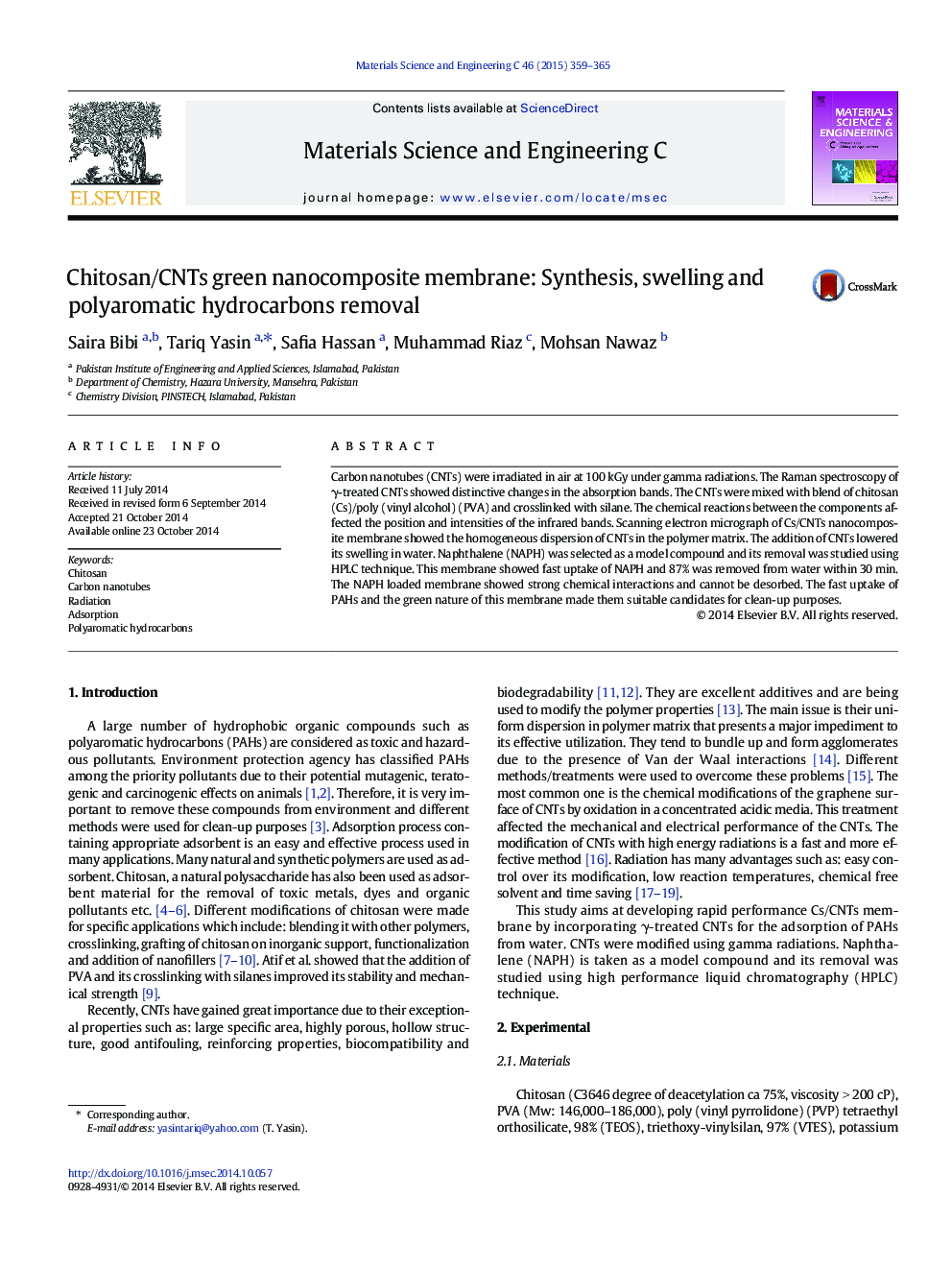 عکس صفحه اول مقاله: Chitosan/CNTs green nanocomposite membrane: Synthesis, swelling and polyaromatic hydrocarbons removal Chitosan/CNTs green nanocomposite membrane: Synthesis, swelling and polyaromatic hydrocarbons removal