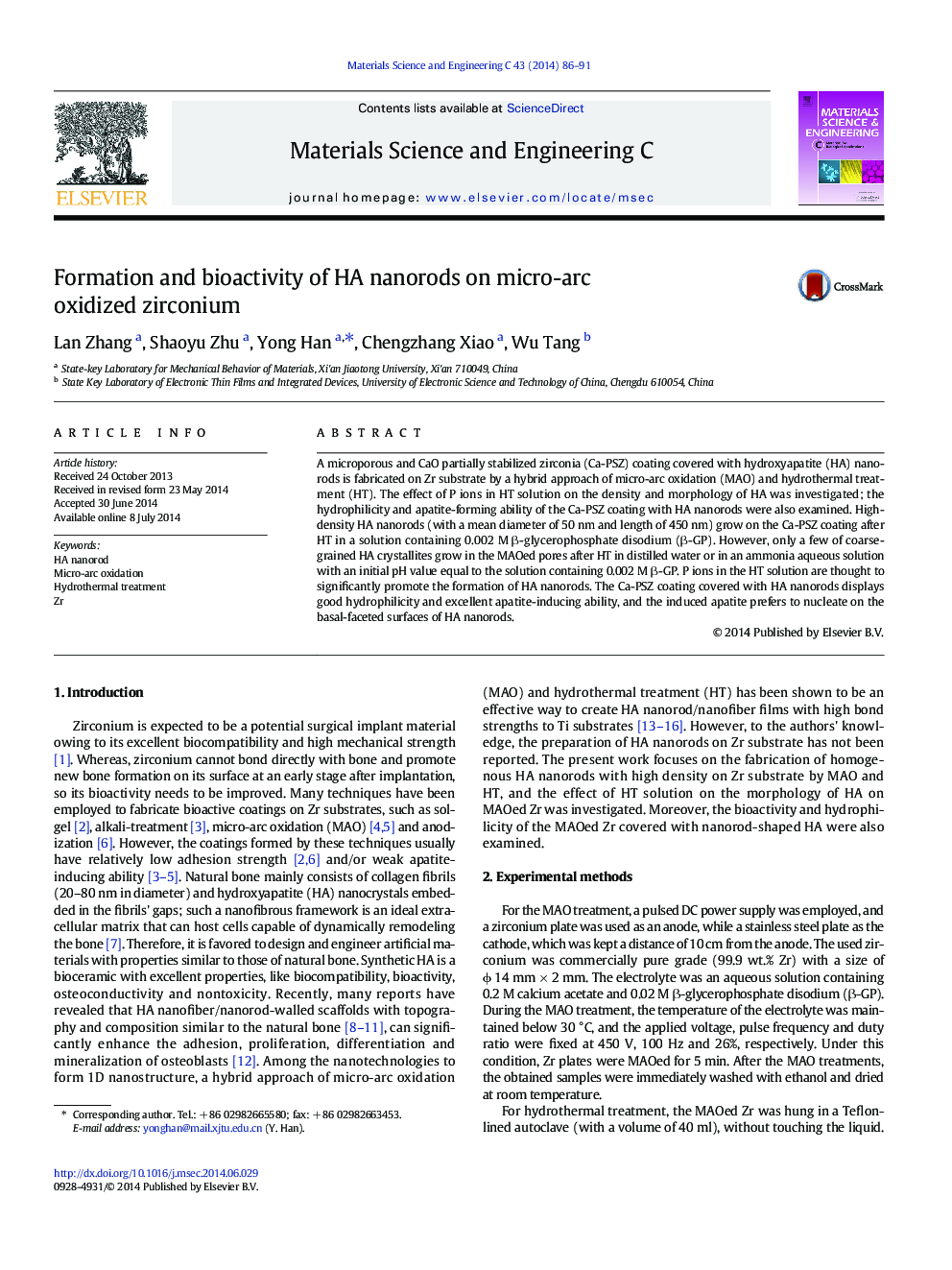 Formation and bioactivity of HA nanorods on micro-arc oxidized zirconium