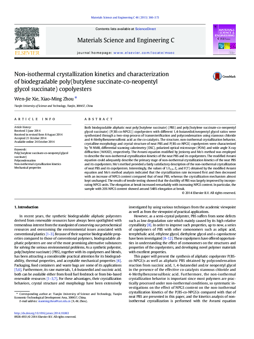 Non-isothermal crystallization kinetics and characterization of biodegradable poly(butylene succinate-co-neopentyl glycol succinate) copolyesters