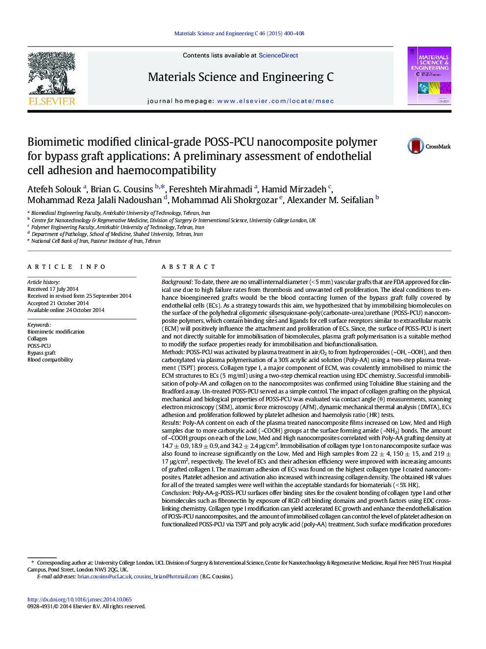 Biomimetic modified clinical-grade POSS-PCU nanocomposite polymer for bypass graft applications: A preliminary assessment of endothelial cell adhesion and haemocompatibility