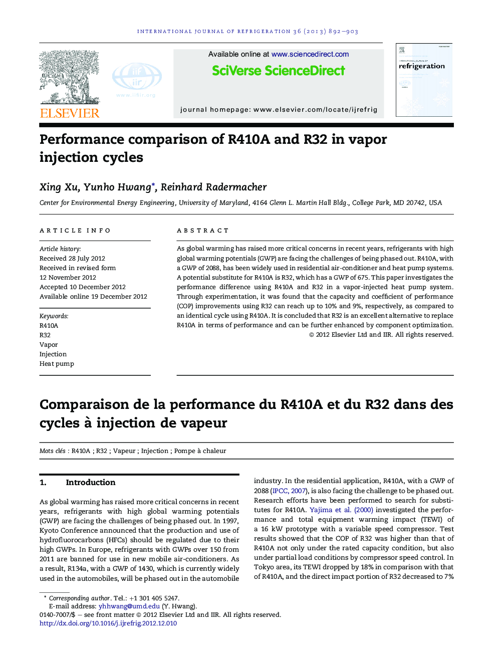 Performance comparison of R410A and R32 in vapor injection cycles