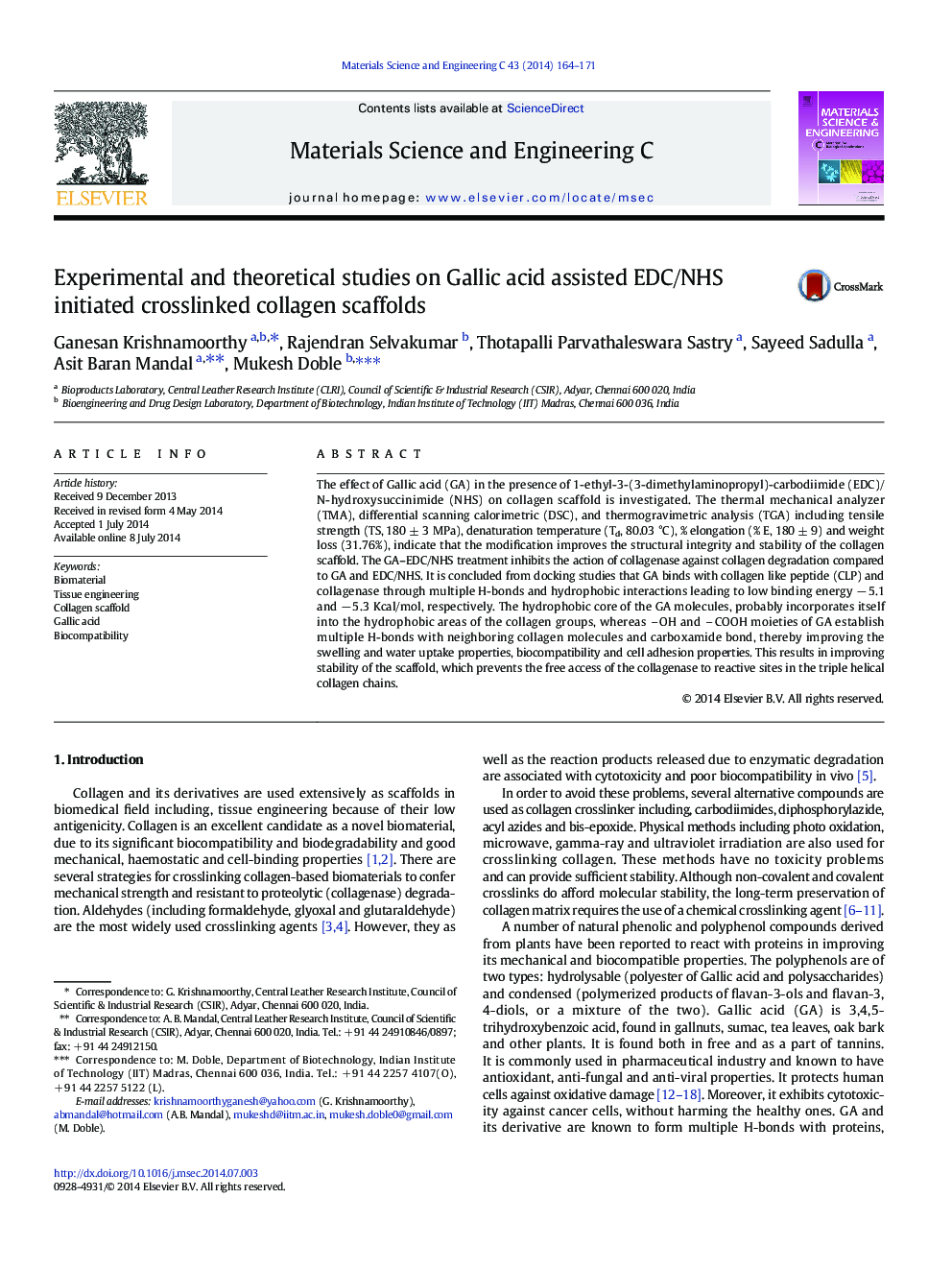 Experimental and theoretical studies on Gallic acid assisted EDC/NHS initiated crosslinked collagen scaffolds