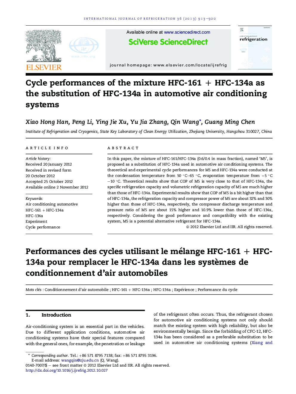 Cycle performances of the mixture HFC-161 + HFC-134a as the substitution of HFC-134a in automotive air conditioning systems