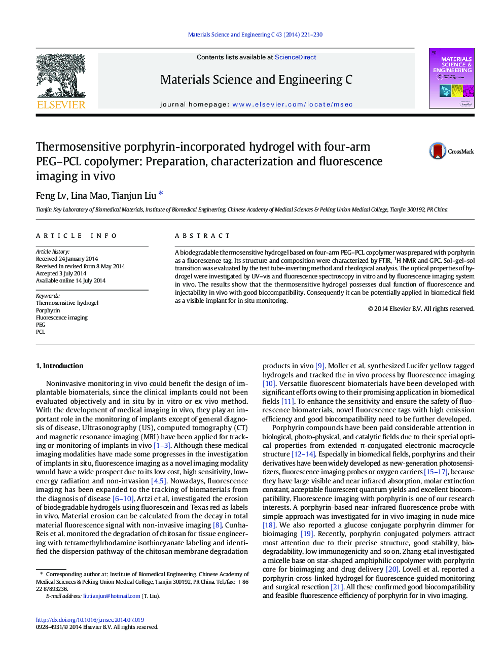 Thermosensitive porphyrin-incorporated hydrogel with four-arm PEG-PCL copolymer: Preparation, characterization and fluorescence imaging in vivo