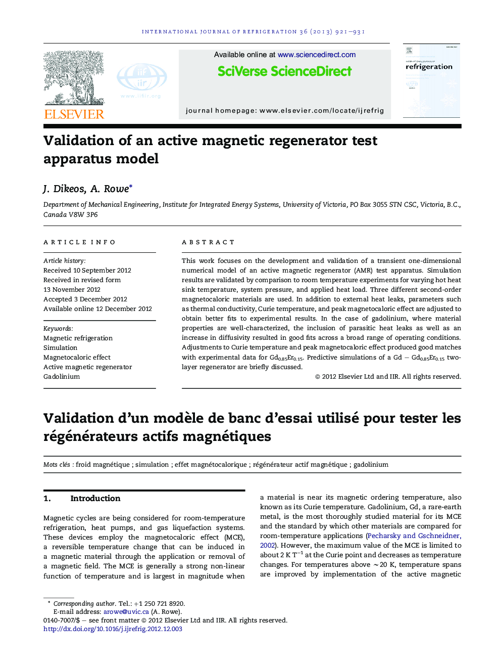 Validation of an active magnetic regenerator test apparatus model