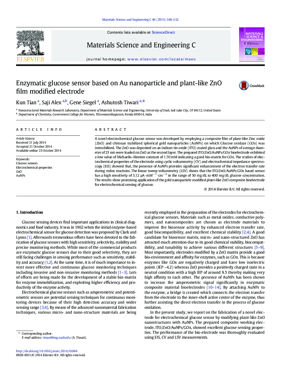 Enzymatic glucose sensor based on Au nanoparticle and plant-like ZnO film modified electrode