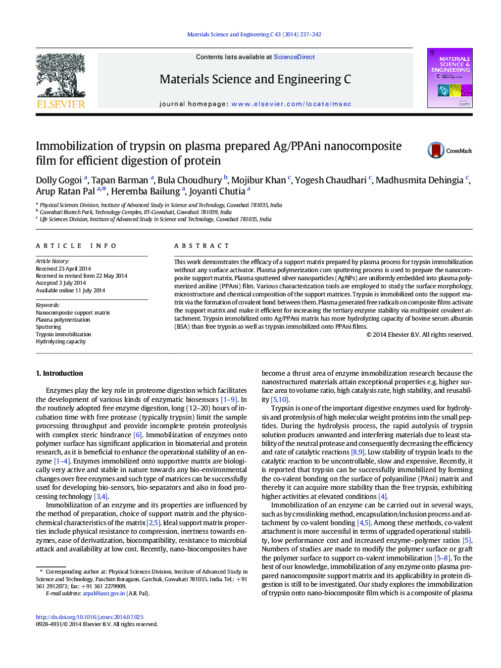 Immobilization of trypsin on plasma prepared Ag/PPAni nanocomposite film for efficient digestion of protein