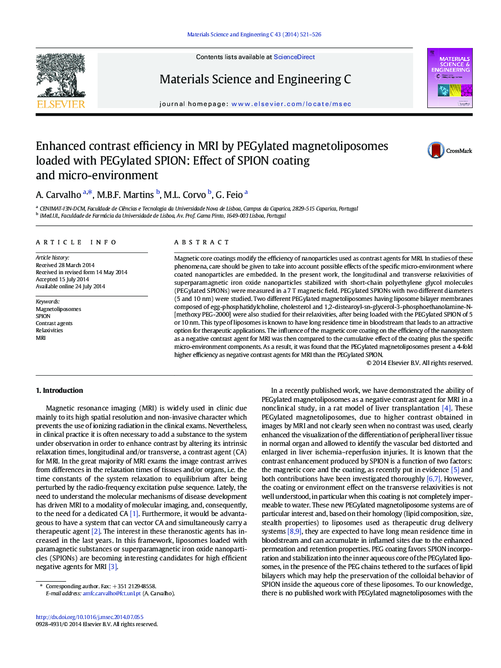 Enhanced contrast efficiency in MRI by PEGylated magnetoliposomes loaded with PEGylated SPION: Effect of SPION coating and micro-environment