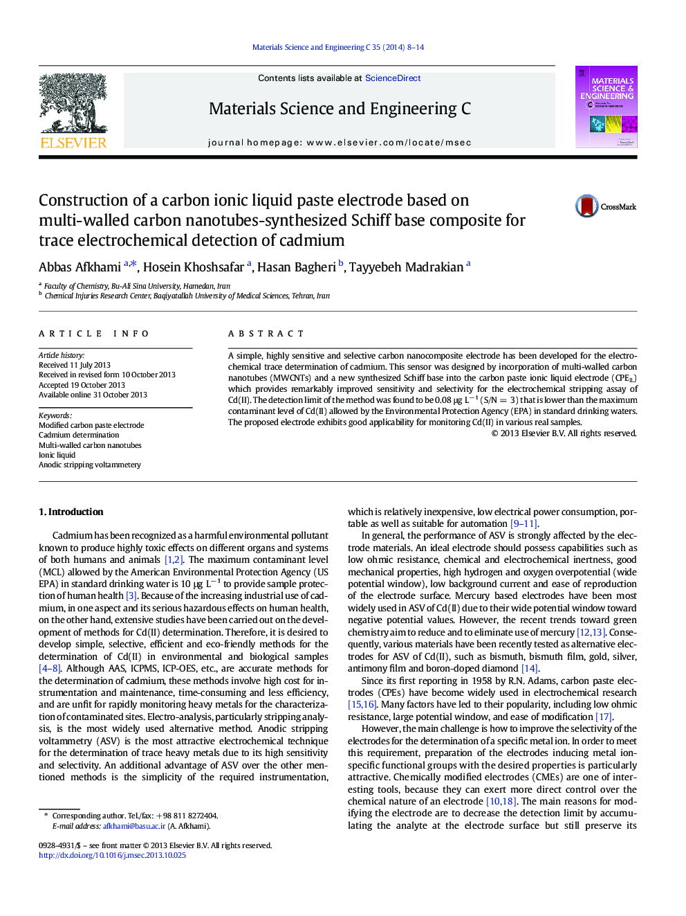 Construction of a carbon ionic liquid paste electrode based on multi-walled carbon nanotubes-synthesized Schiff base composite for trace electrochemical detection of cadmium