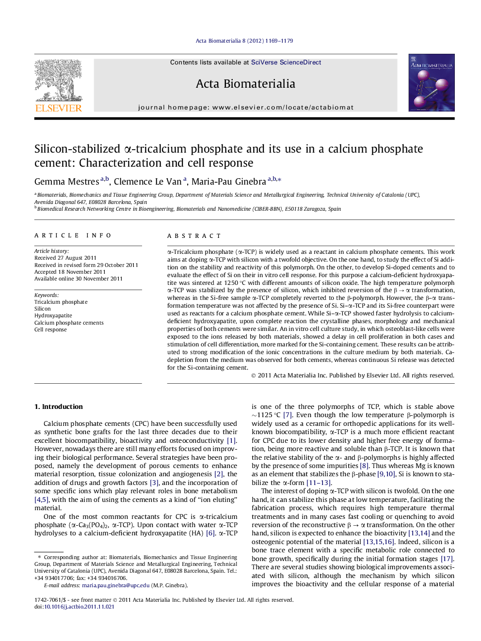 Silicon-stabilized α-tricalcium phosphate and its use in a calcium phosphate cement: Characterization and cell response