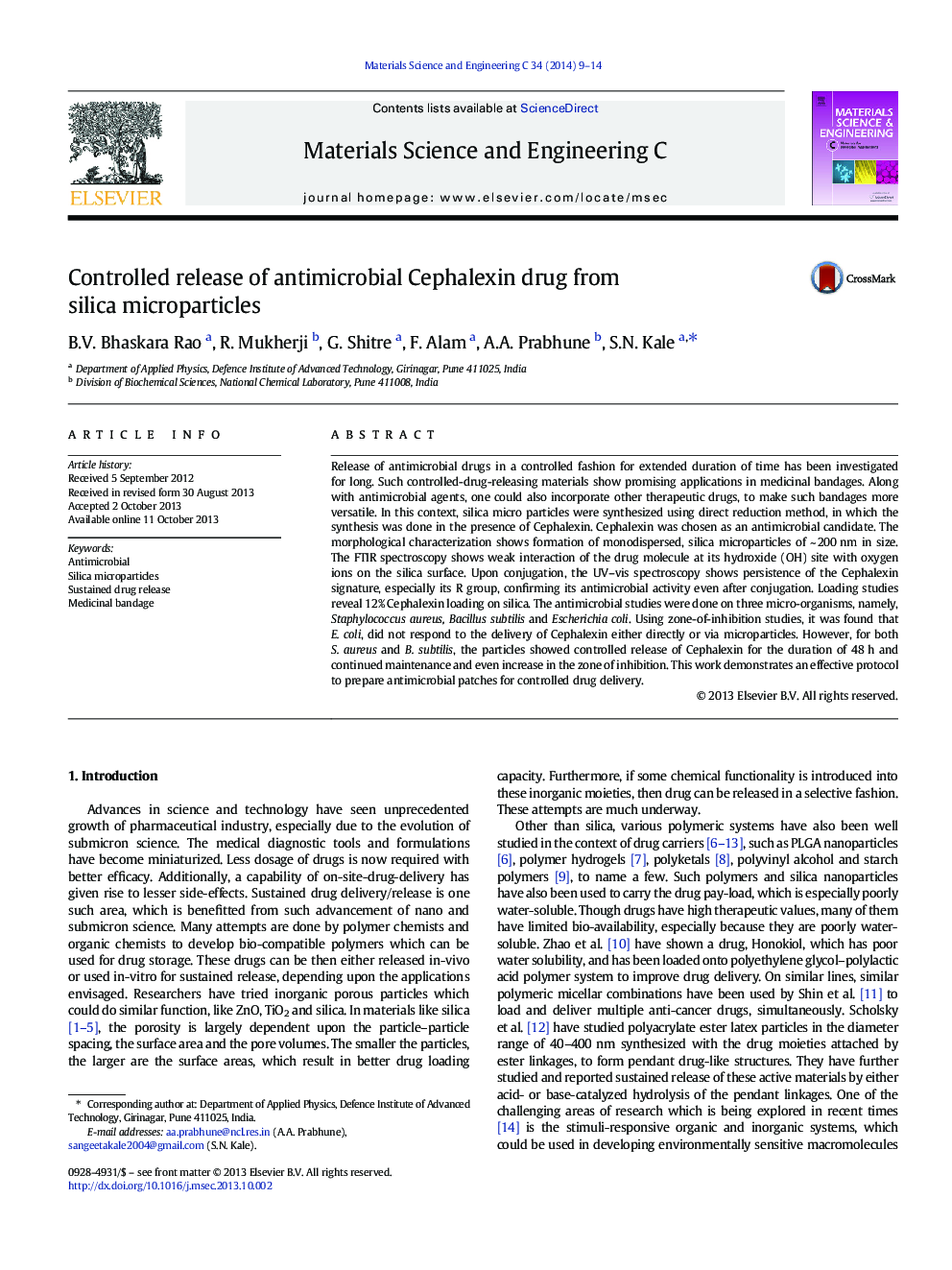 Controlled release of antimicrobial Cephalexin drug from silica microparticles